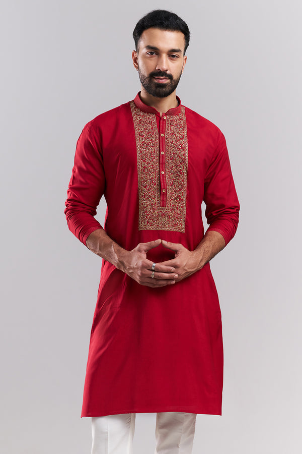 Red Linen Satin Embroidered Men’s Kurta Set