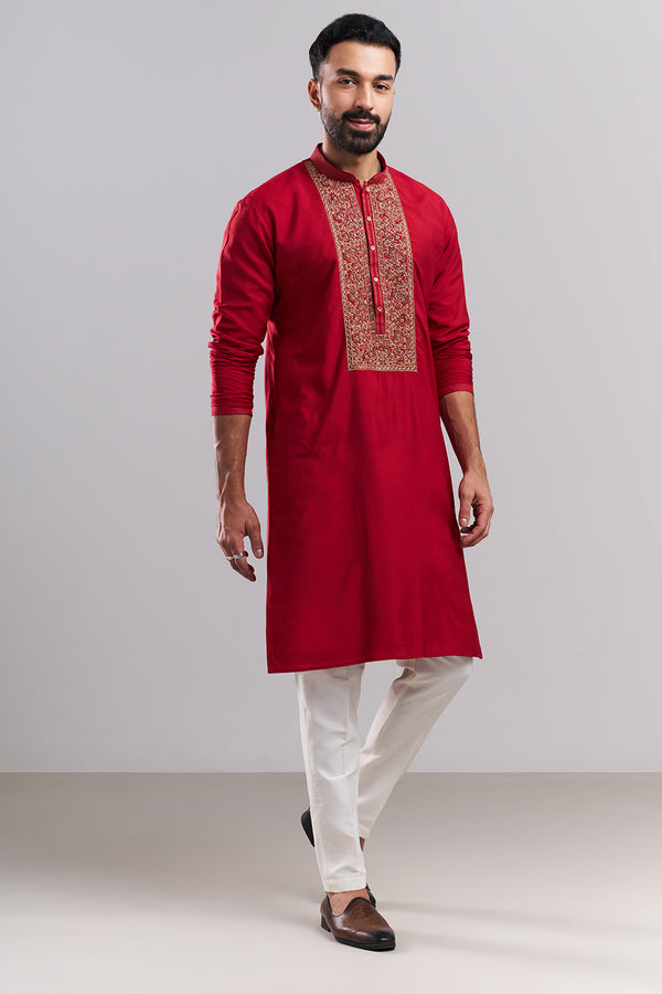 Red Linen Satin Embroidered Men’s Kurta Set