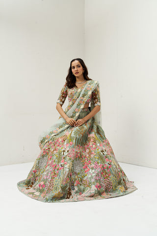 Sage Green Floral Embellished Organza Festive Lehenga Set