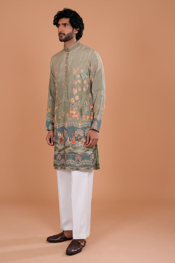 Sage Green Heritage Scenic Embroidered Men's Kurta Set
