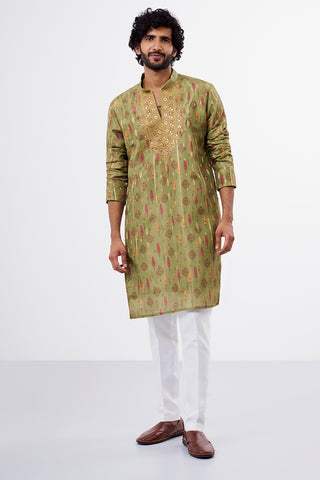 Sage Green Printed Tissue Silk Men's Kurta Set
