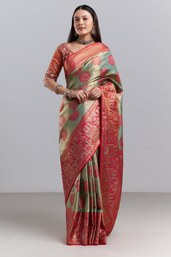 Sage Green Red Banarasi Tissue Silk Printed Saree