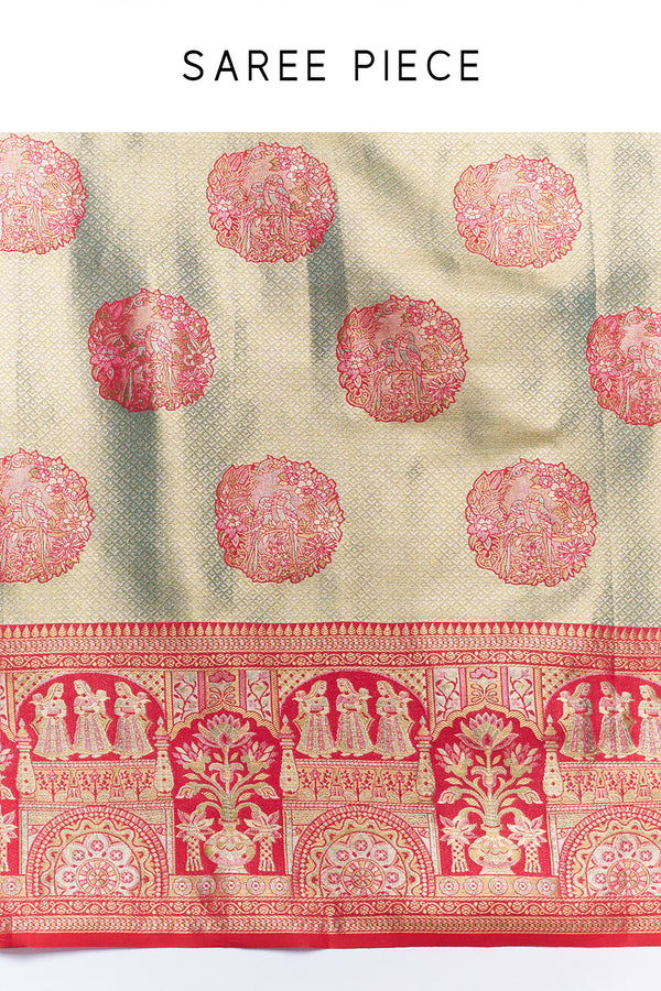 Sage Green Red Banarasi Tissue Silk Printed Saree