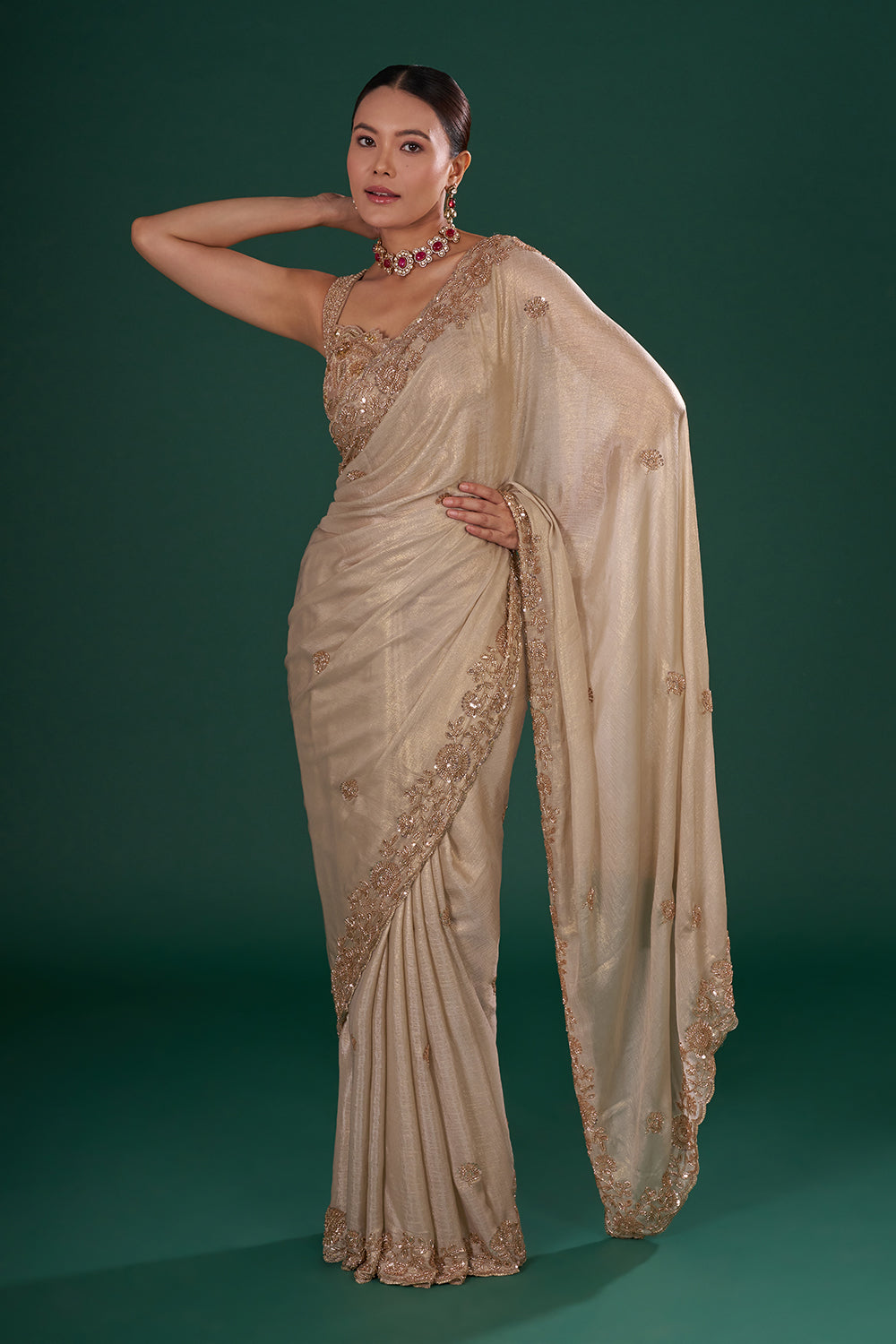 Shimmer Gold Embroidered Shimmer Crush Chiffon Saree with Rose Gold Sequin & Cut Dana Hand Work
