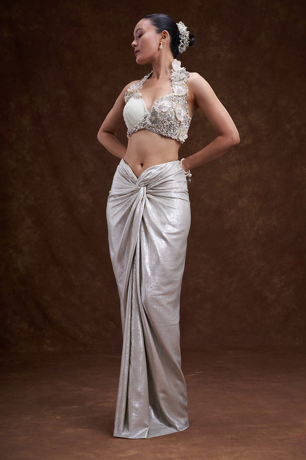Silver Grey Shimmer Satin Draped Skirt Set