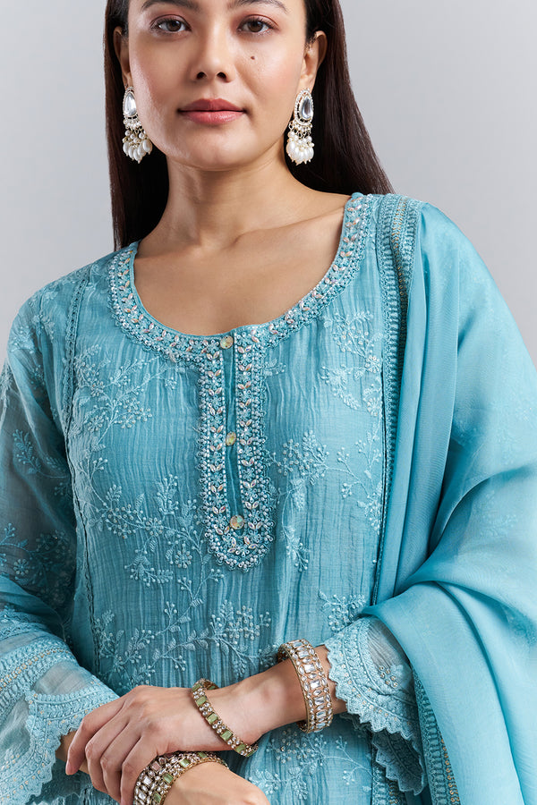 Sky Blue Chikankari Embroidered Kurta Pant Set with Dupatta