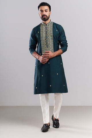 Teal Blue Nokia Silk Embroidered Men’s Kurta Set