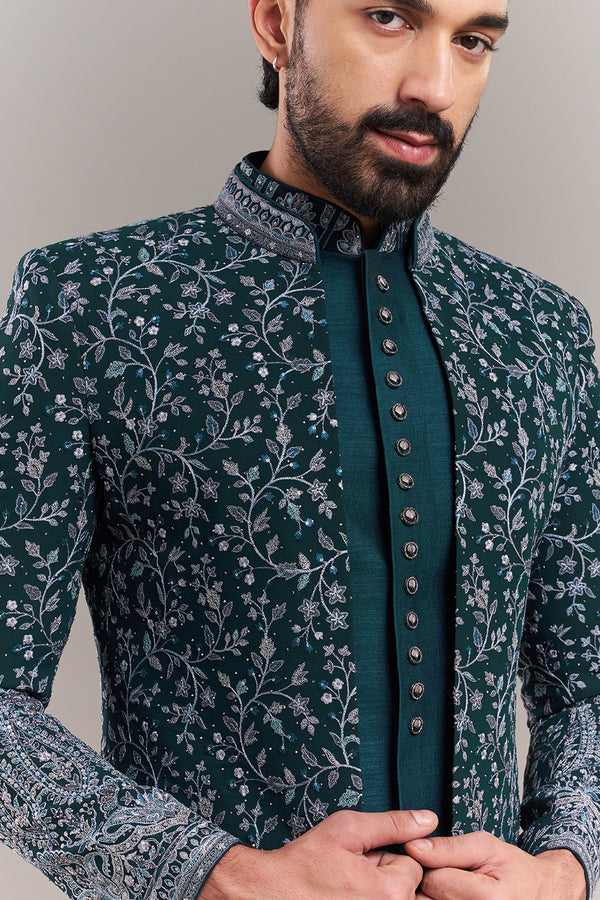 Teal Blue Silk Blend Resham Work Men's Indo-Western Set