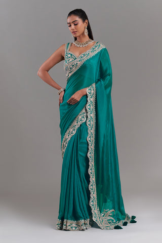 Teal Green Chiffon Saree with Ornate Embellished Border
