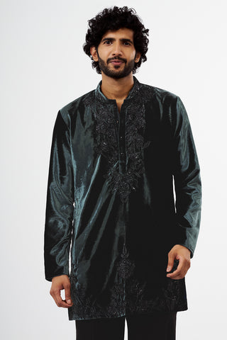 Teal Green Velvet Embellished Men's Kurta Set