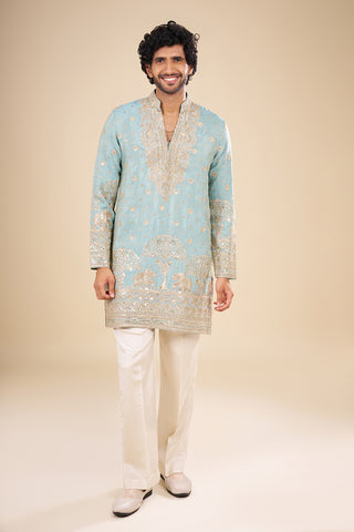 Teal Blue Silk Kurta Set with Nature-Inspired Embroidery