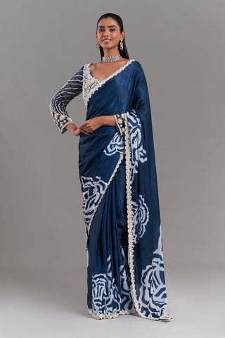White and Blue Satin Organza Saree with Ornate Border