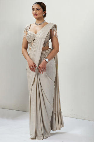 White Stone & Moti Embellished Ready Pleated Saree