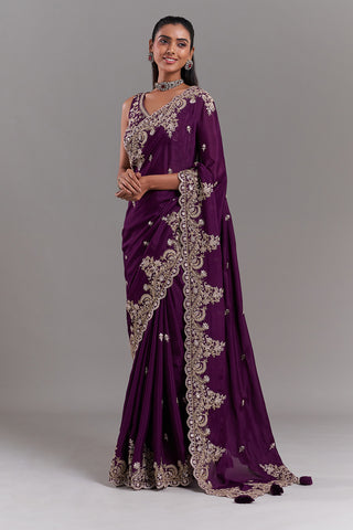 Wine Crepe Embroidered Saree with Ornate Border