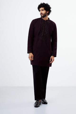 Wine Embroidered Polyester Cotton Men's Kurta Set