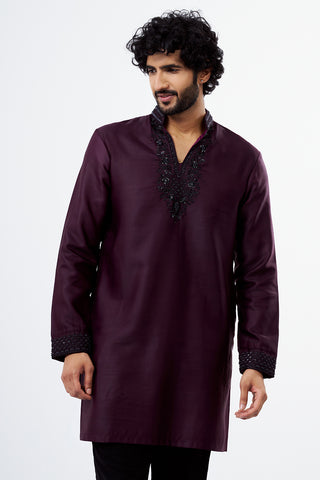 Wine Embroidered Polyester Men's Kurta Set