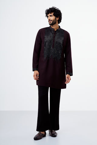 Wine Polyester Cotton Men's Kurta Set with Sequin Work