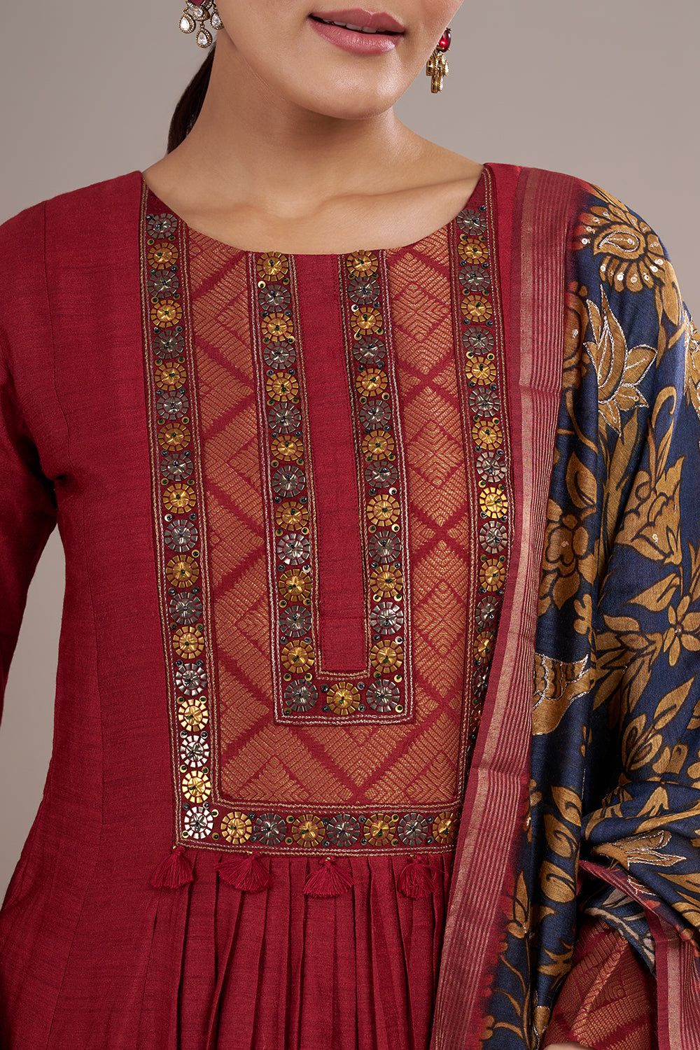 Wine Red Silk Blend Anarkali Suit Set with Mirror Work