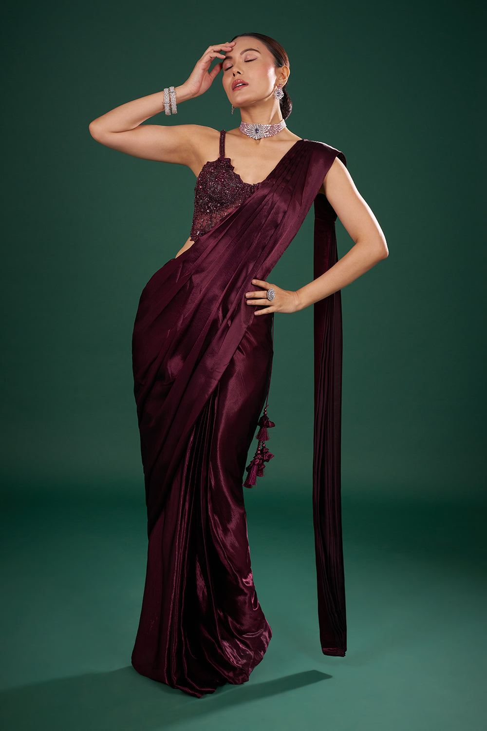 Wine Satin Pre-Drape Saree and Unstitched Blouse