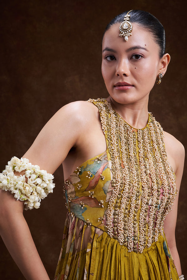 Yellow Art Silk Hand Embellished Jumpsuit