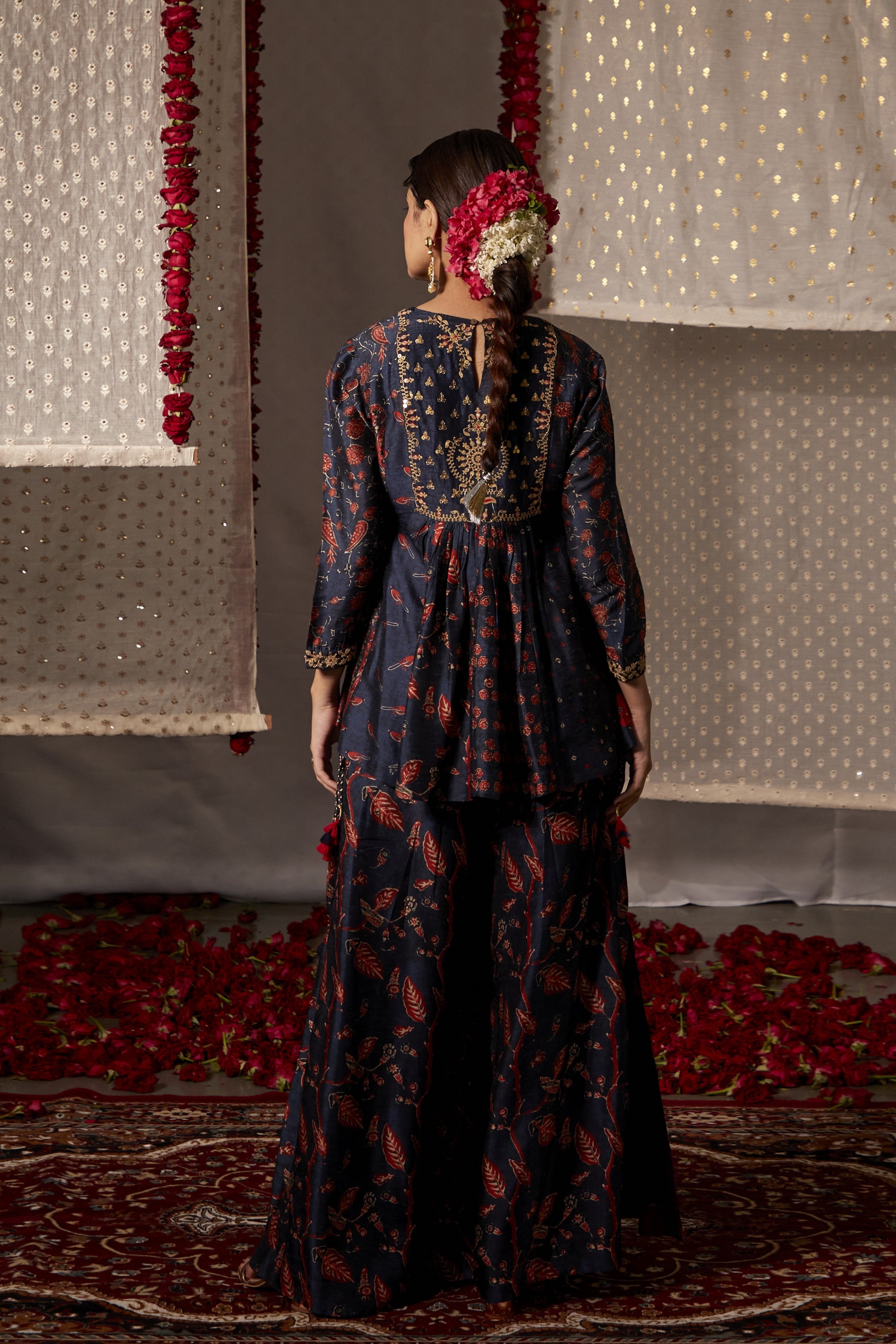 Blue Slub Silk Printed Floral Round Peplum Kurta And Palazzo Set