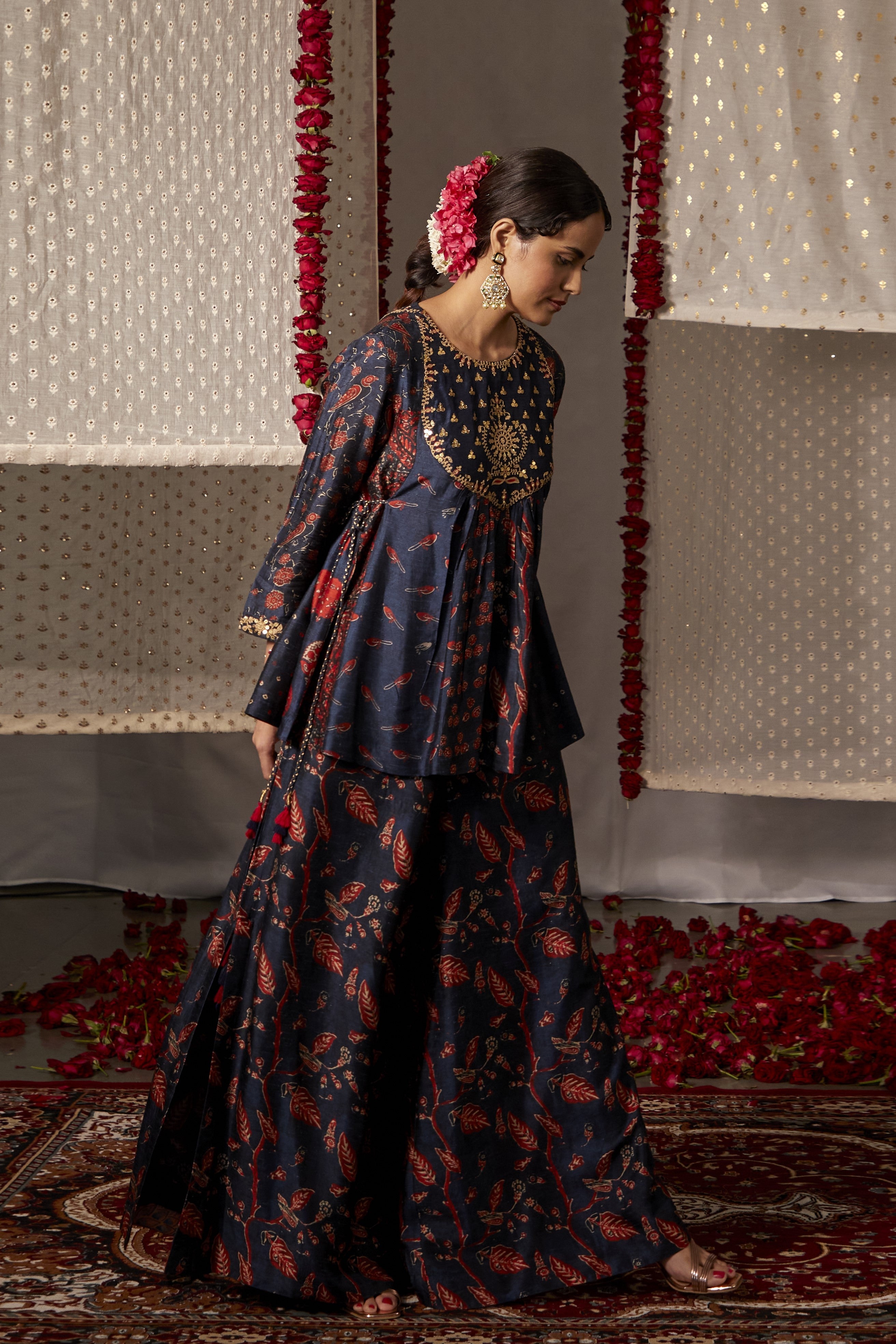 Blue Slub Silk Printed Floral Round Peplum Kurta And Palazzo Set