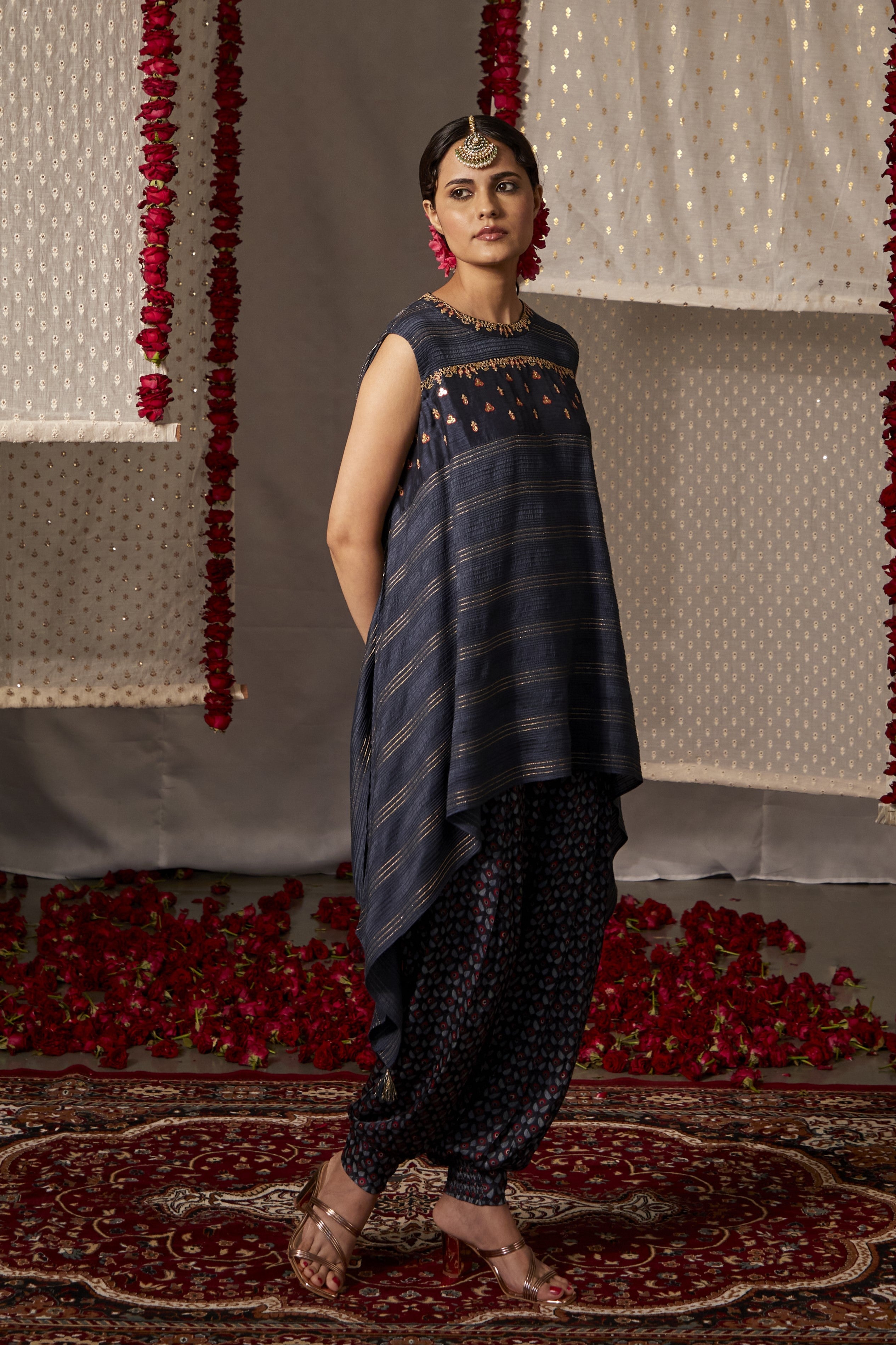 Blue Slub Silk Embroidery Zari Round Pintuck Kurta And Pant Set