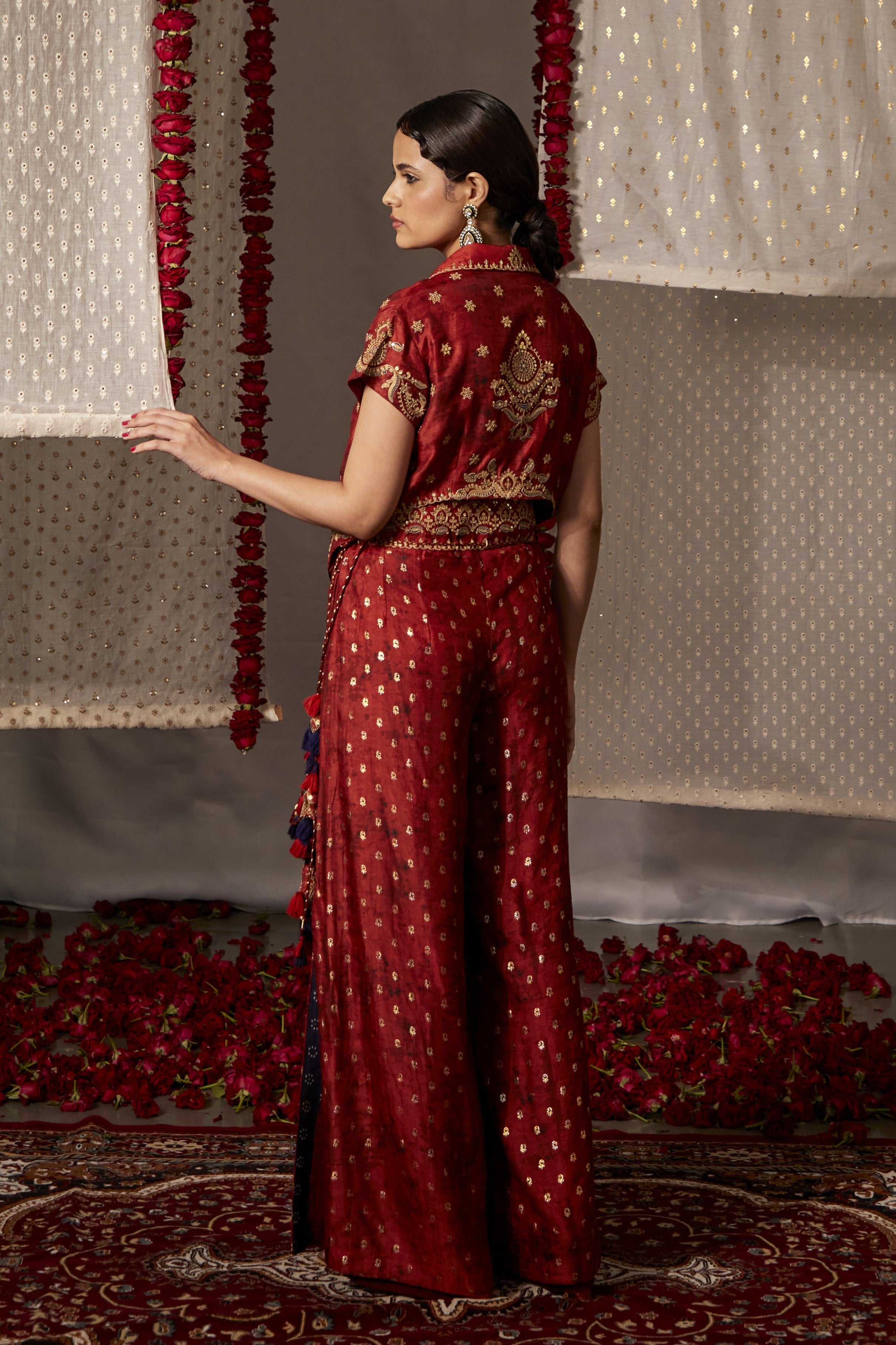 Red Slub Silk Embroidery Zari Spread Collar Dori Shirt And Palazzo Set