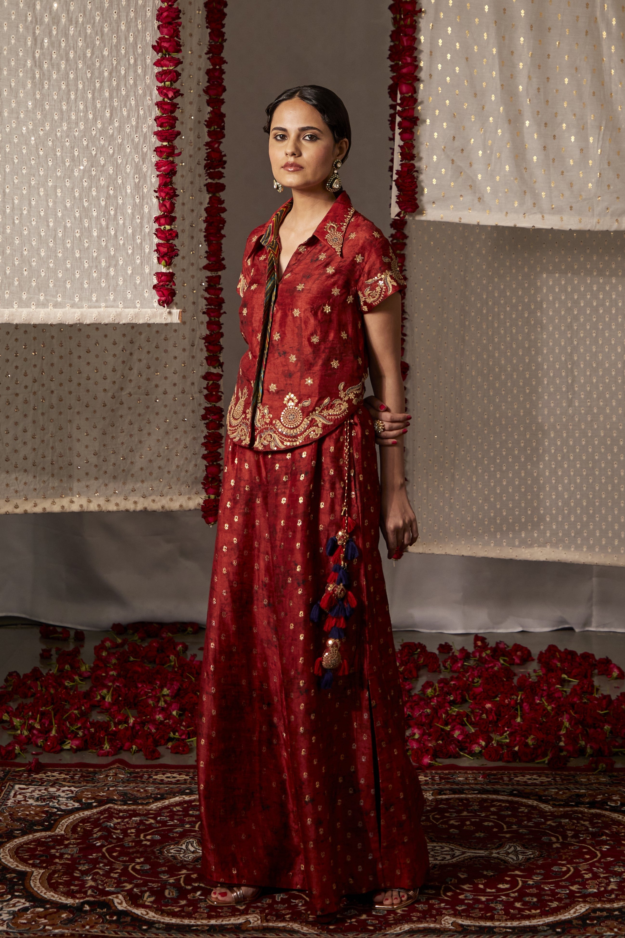 Red Slub Silk Embroidery Zari Spread Collar Dori Shirt And Palazzo Set