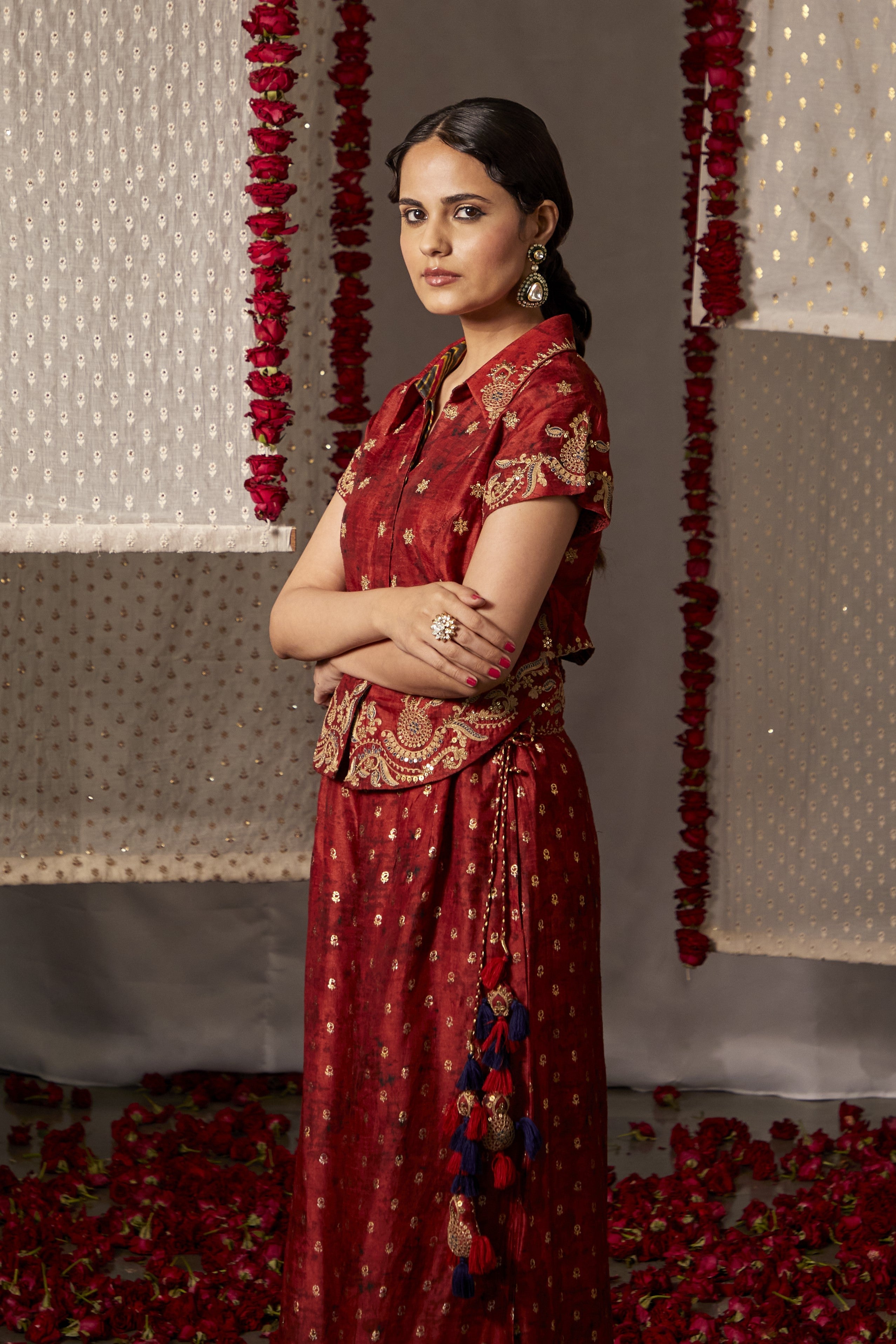 Red Slub Silk Embroidery Zari Spread Collar Dori Shirt And Palazzo Set