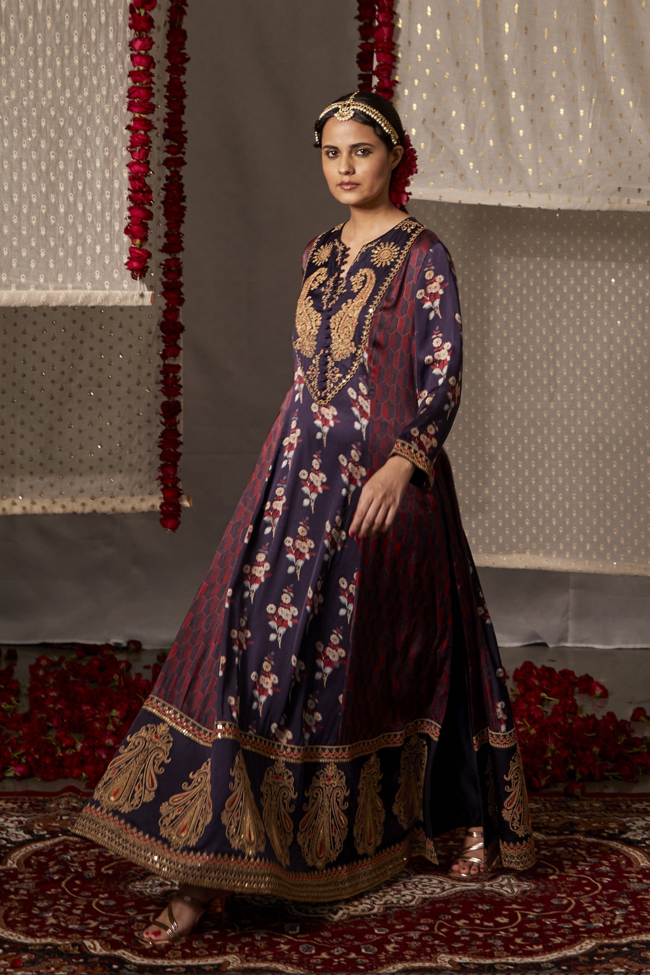 Oxford Blue Soft silk  Long Anarkali  set