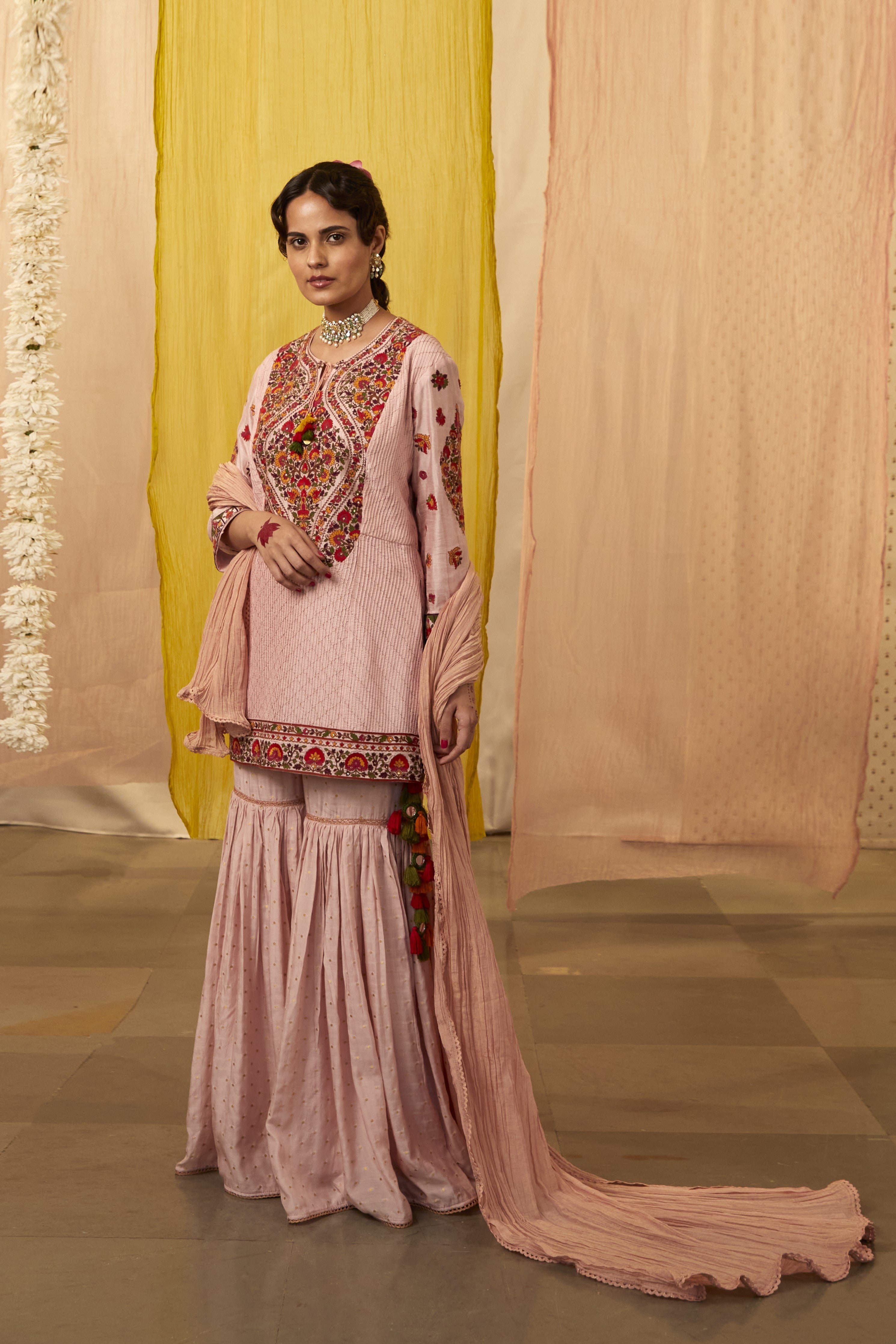 Pink Slub Silk Embroidered Kashmiri Thread Round Kurta Sharara Set