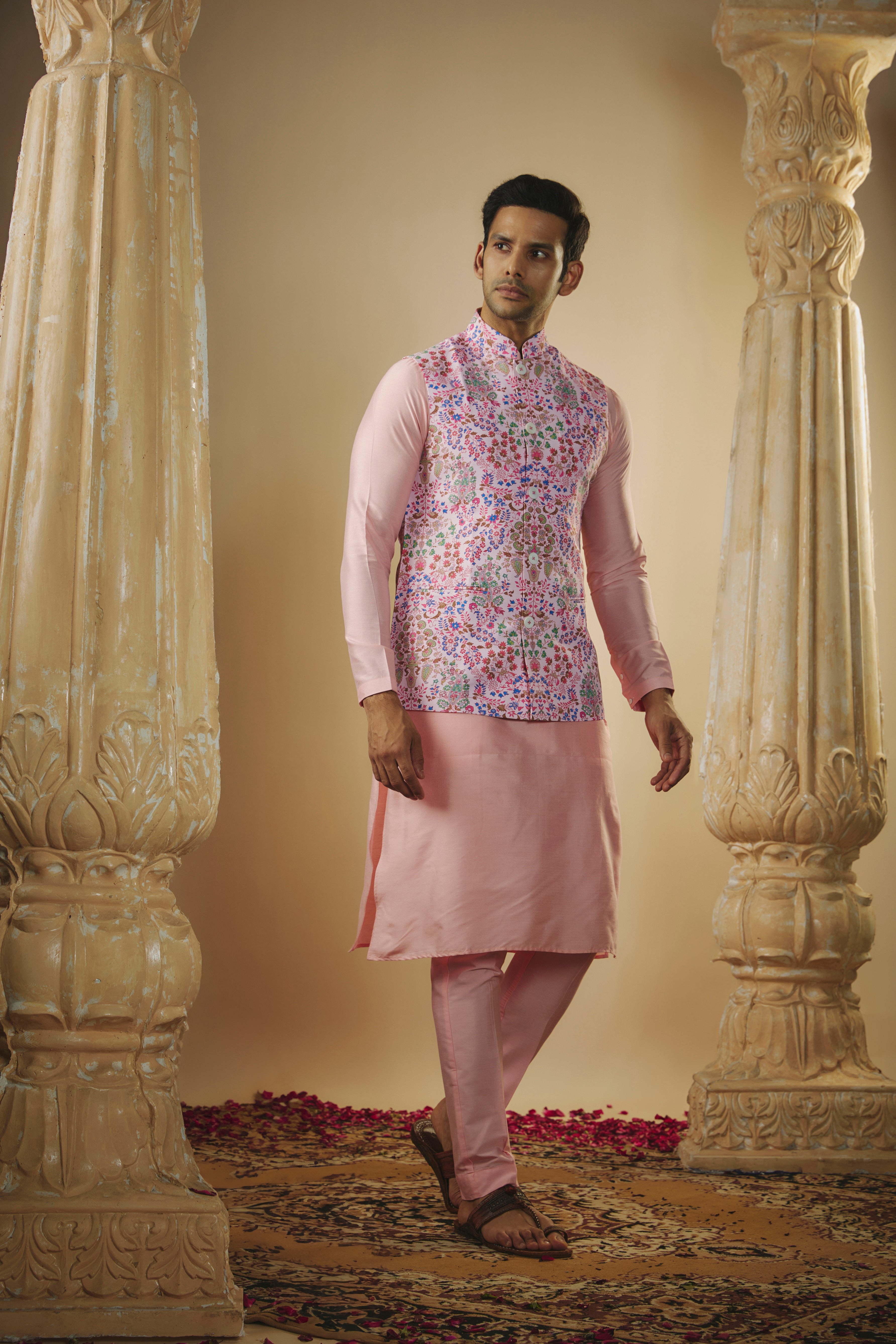 Ivory pink digital print splendid silk kurta jacket set.