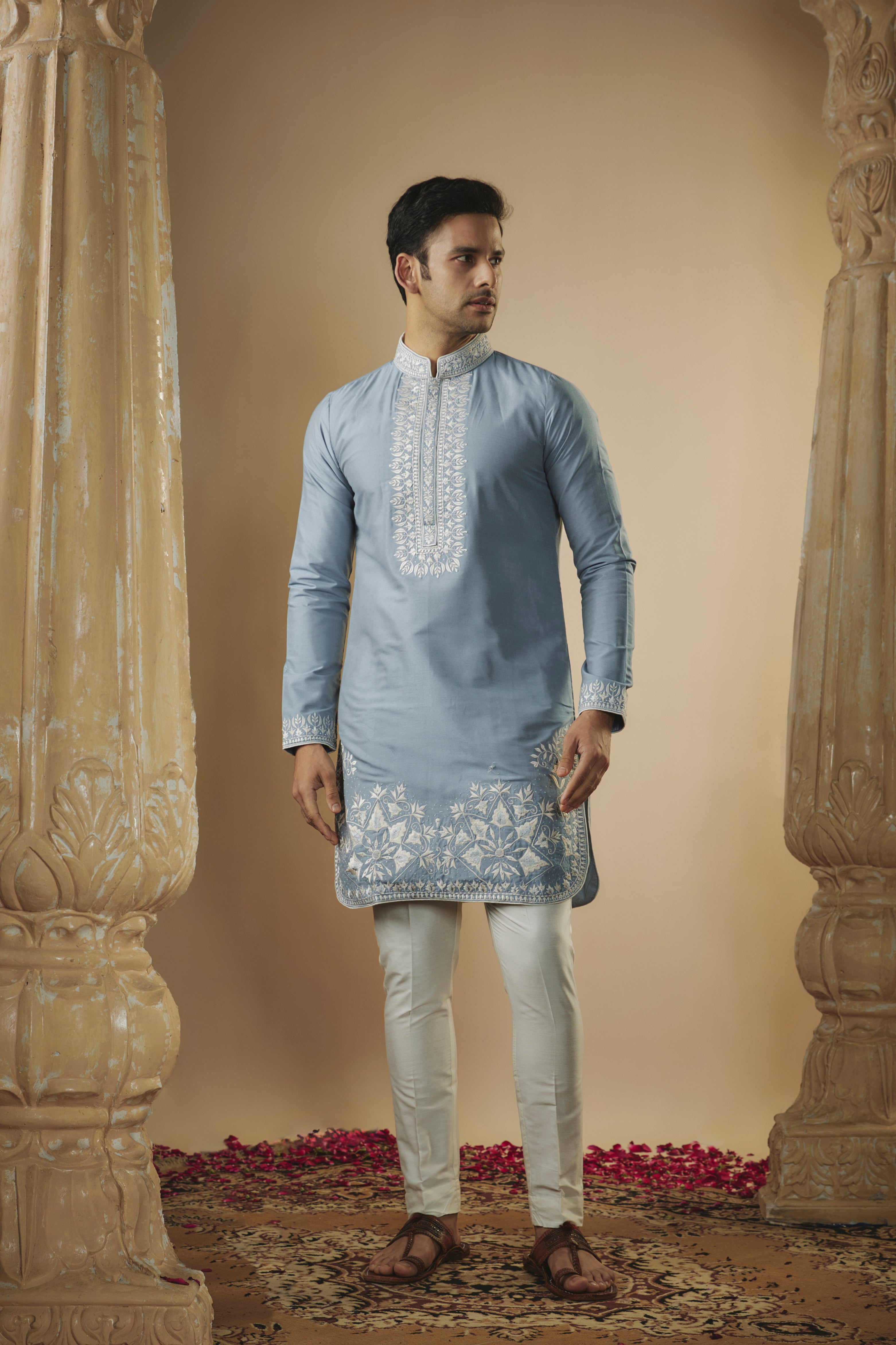 Pastel blue resham embroidered art silk kurta set
