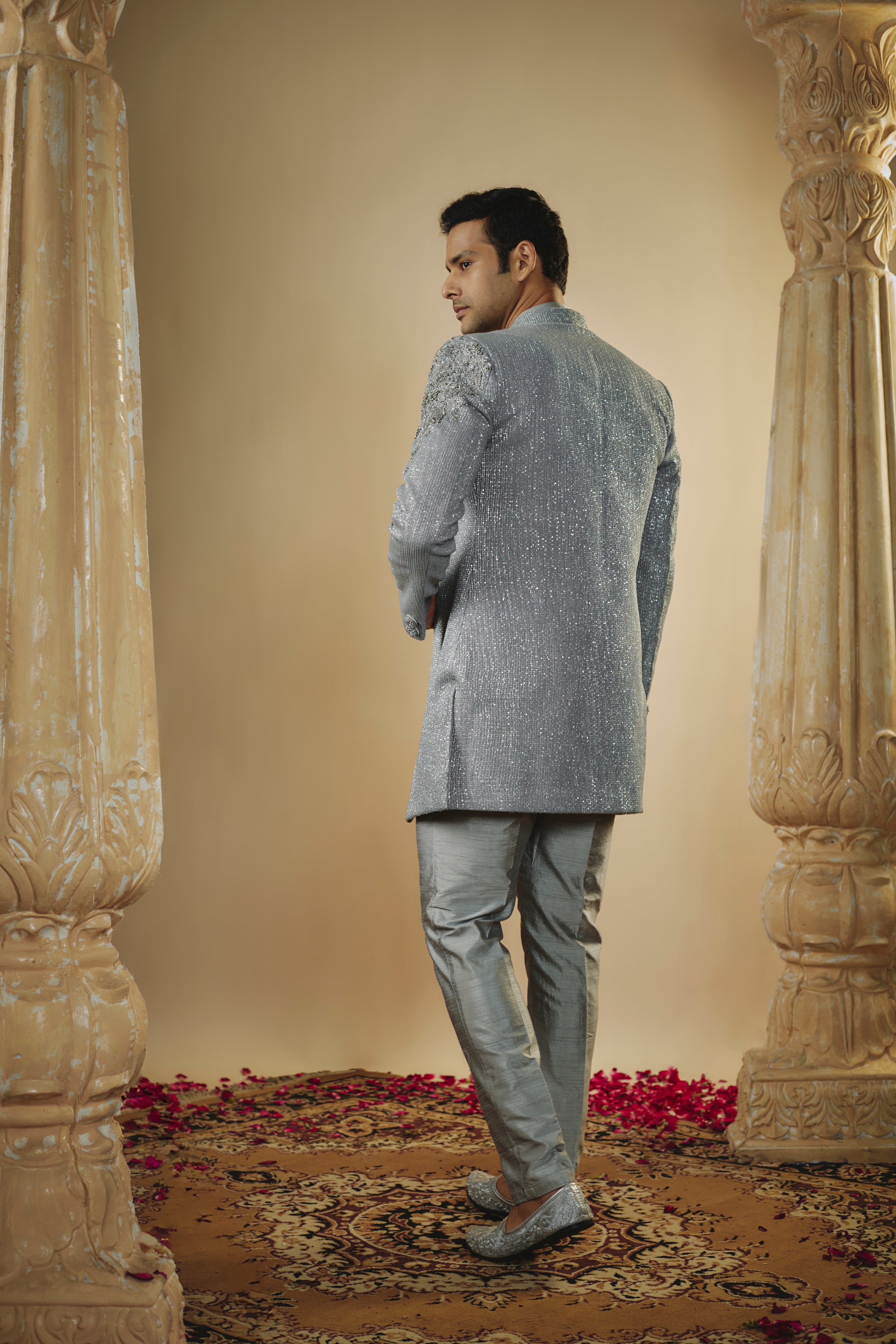 Steel grey art silk all over sequins open-indowestern set
