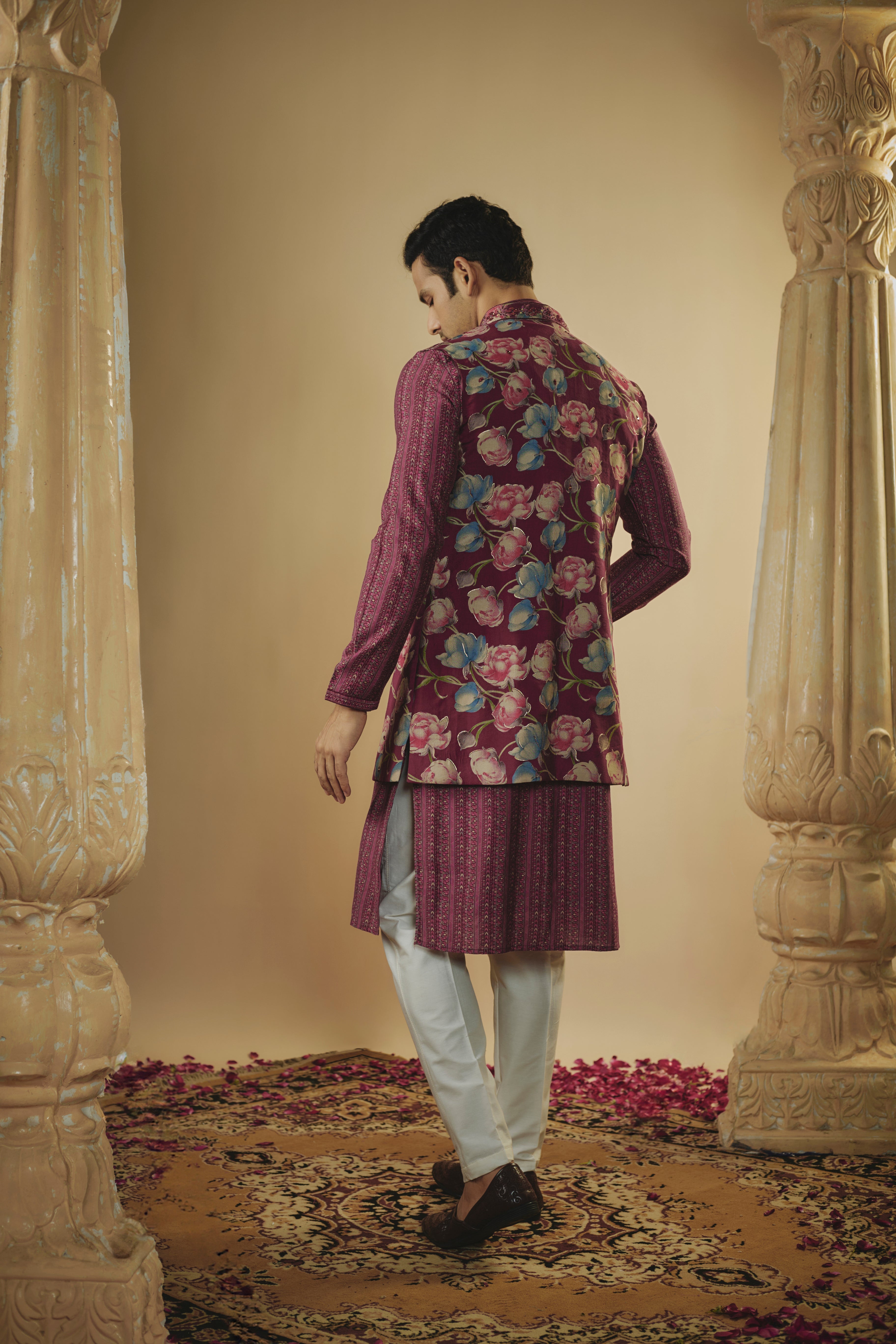 Maroon art silk mirror and thread embroidered kurta jacket set