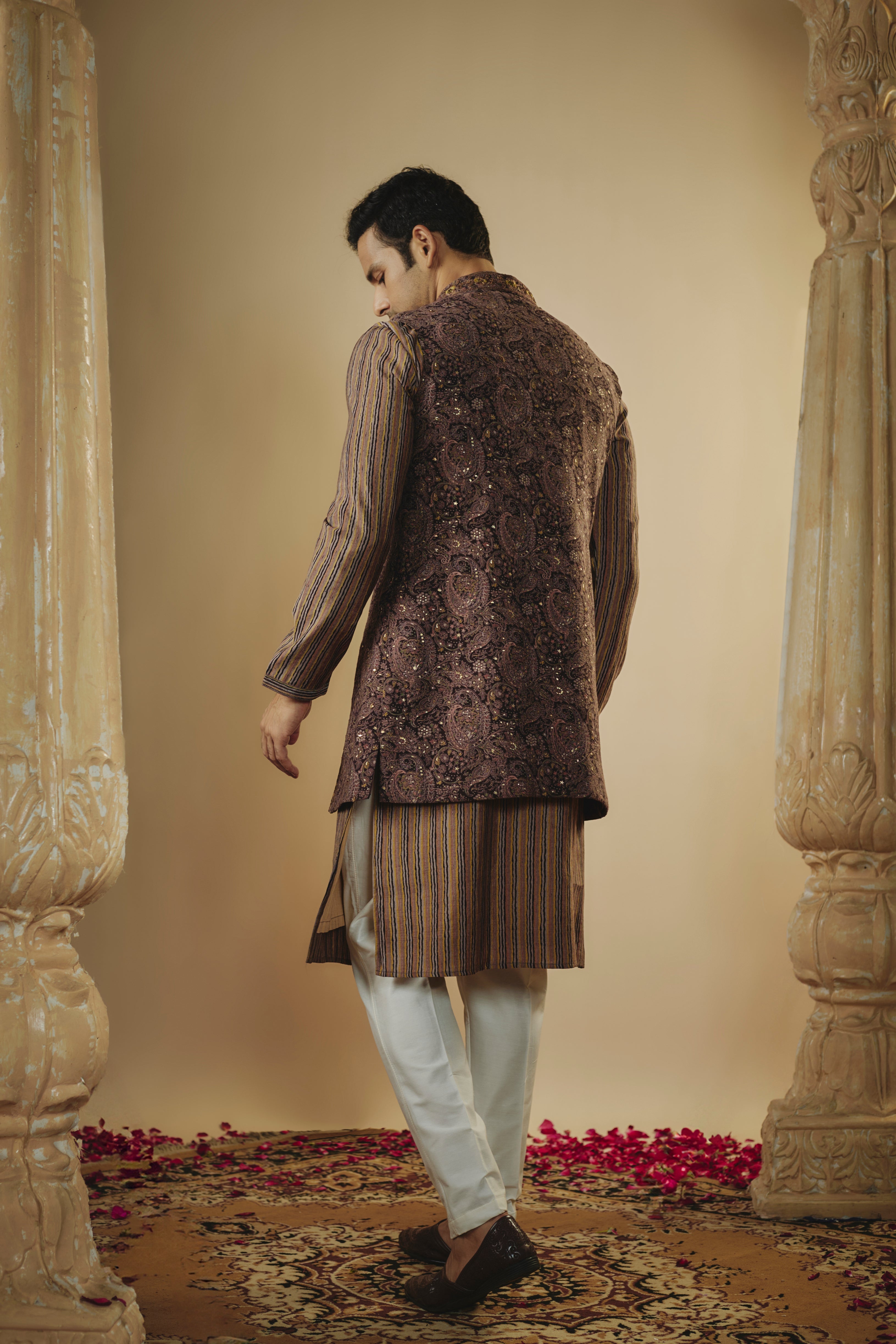 Cocoa brown art silk mirror and thread embroidered kurta jacket set