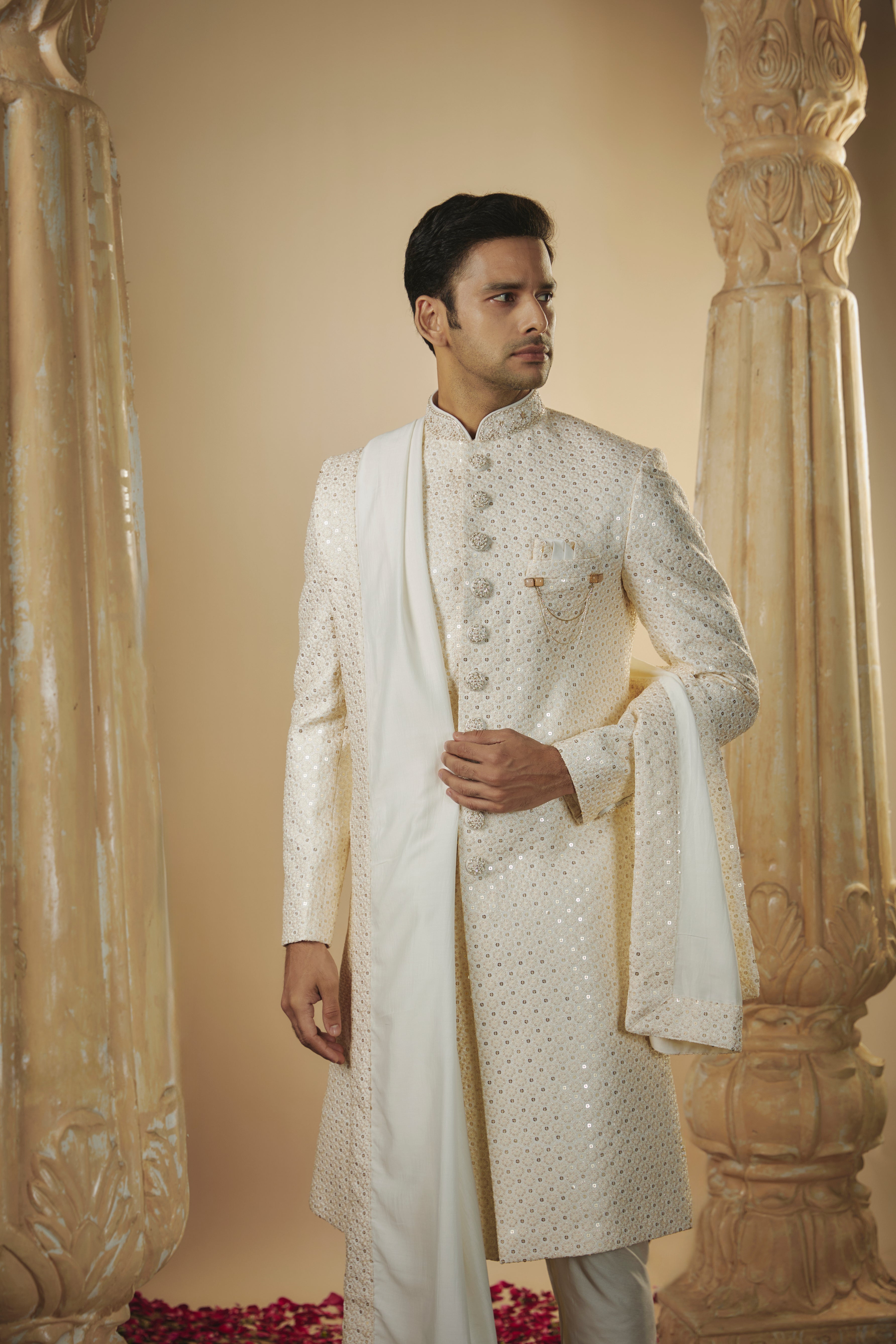 Cream white lucknowi sequinned sherwani set
