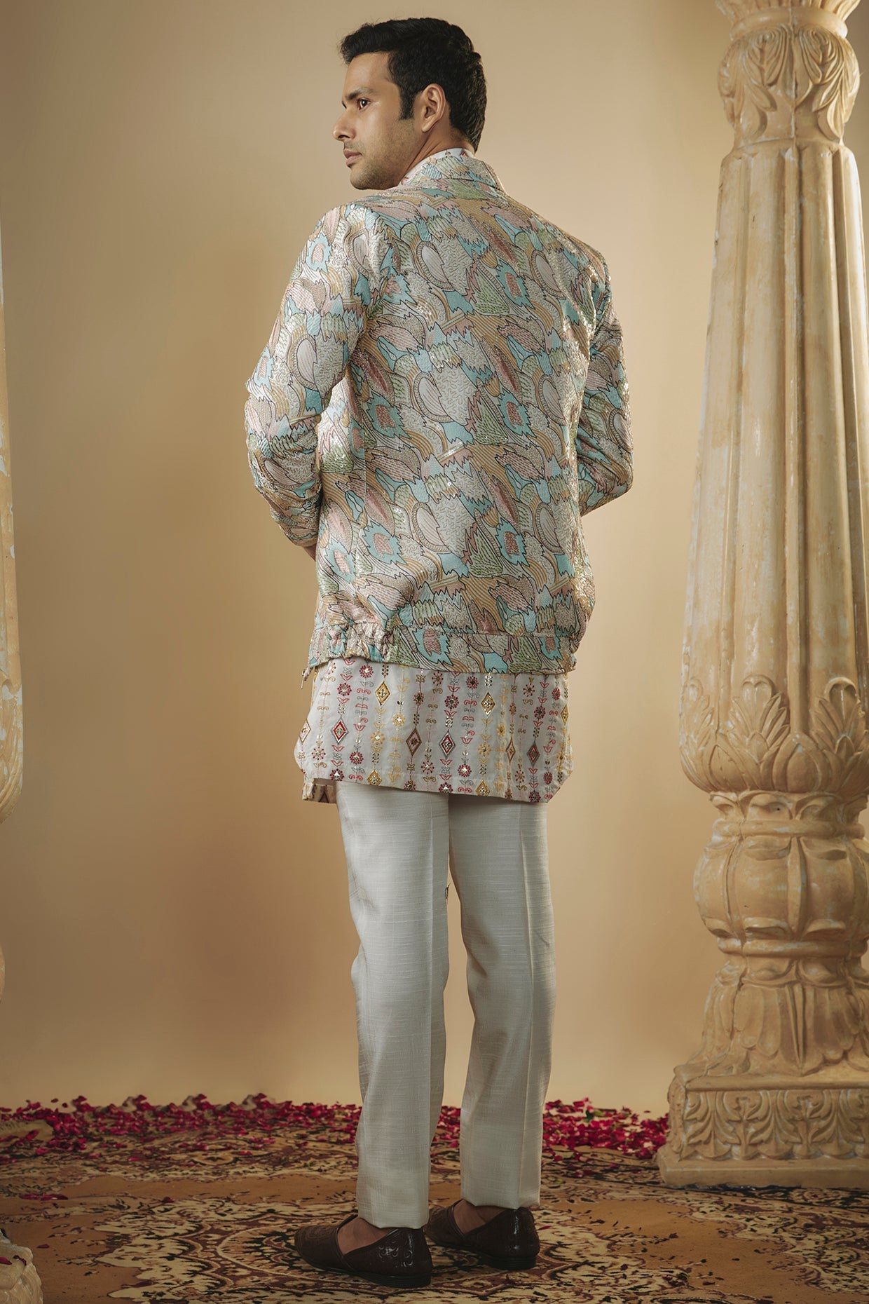 Albaster white lucknowi sequins and resham work kurta jacket set