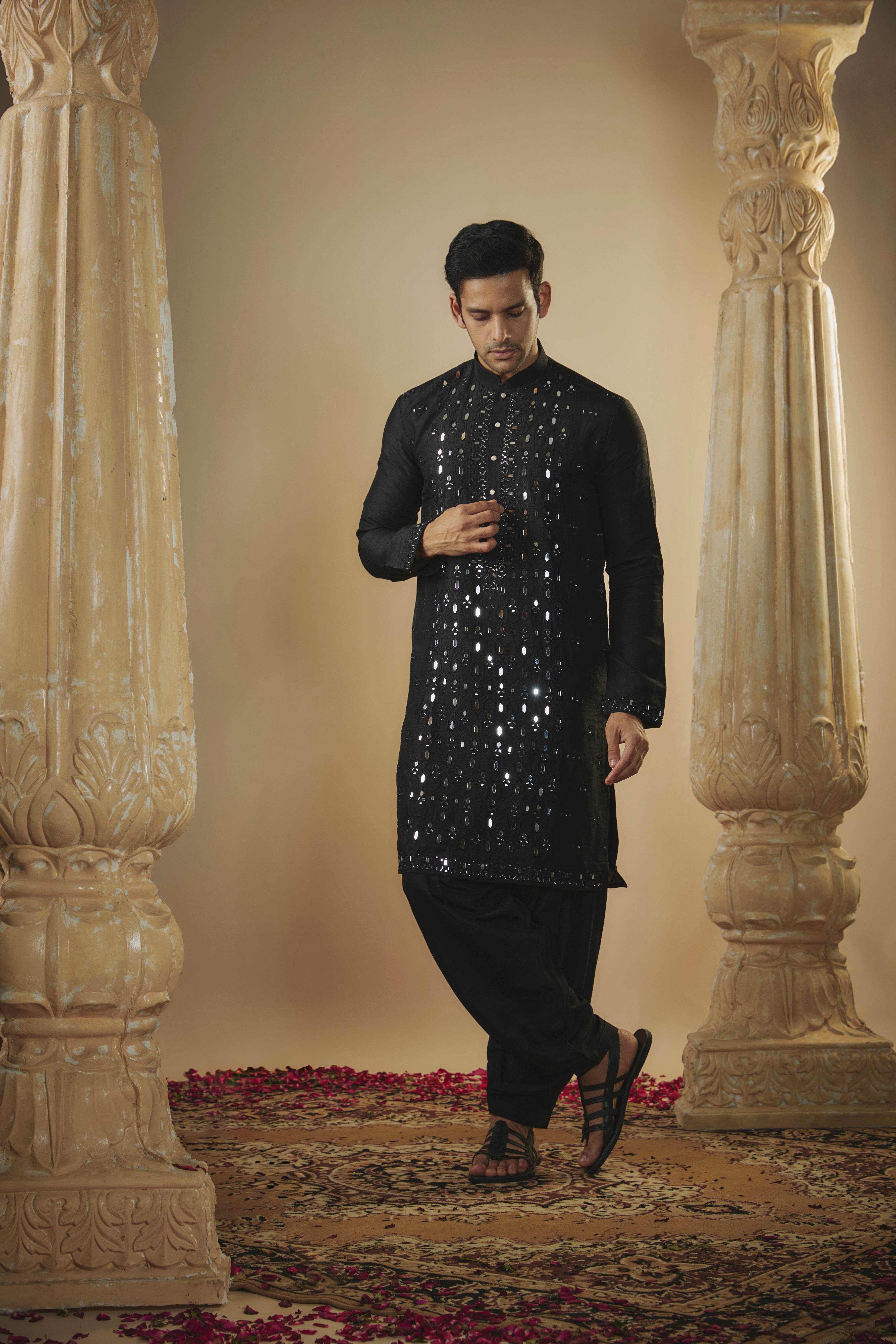 Raven black art silk mirror embellished patiala suit set