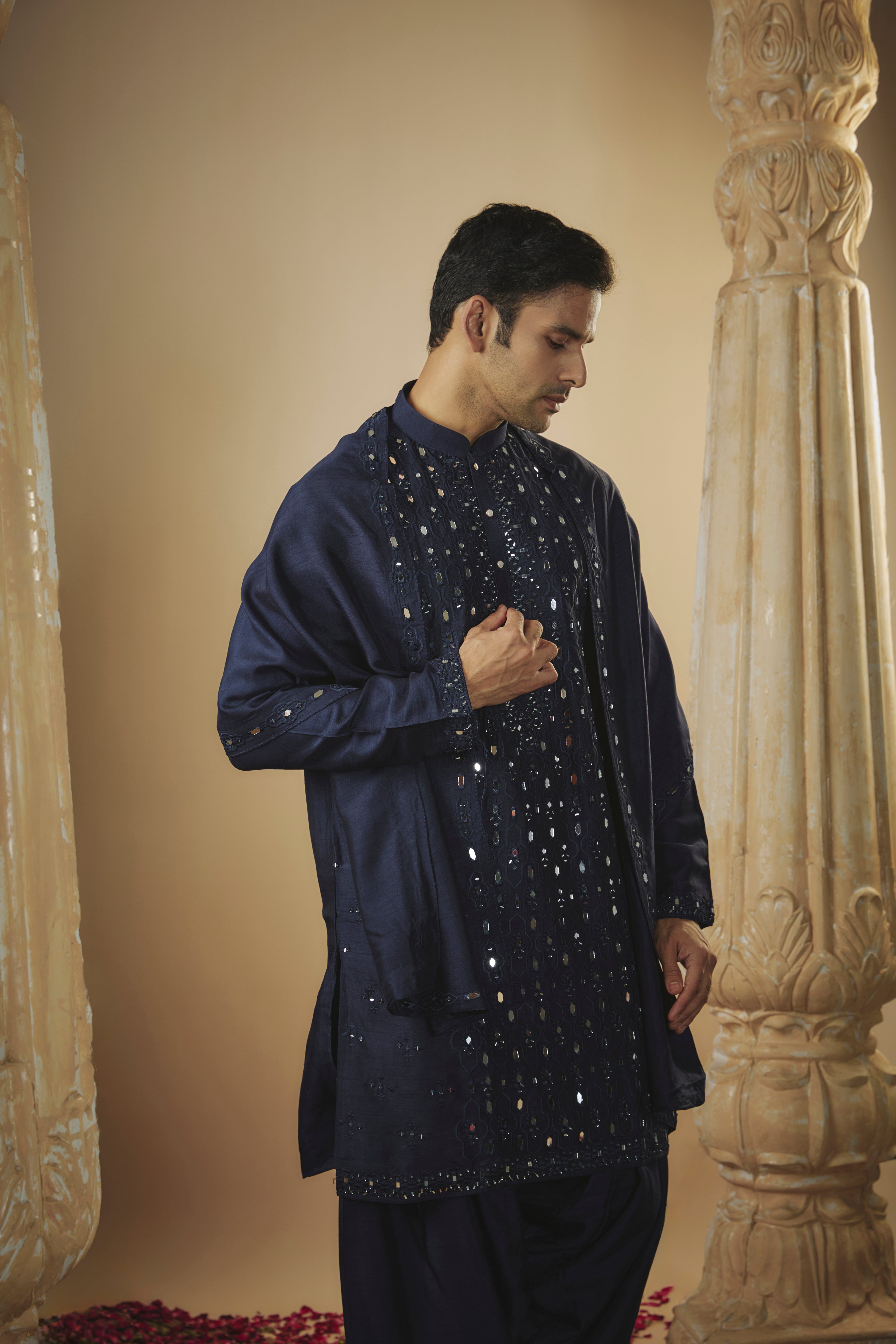Midnight blue art silk mirror embroidered patiala suit set
