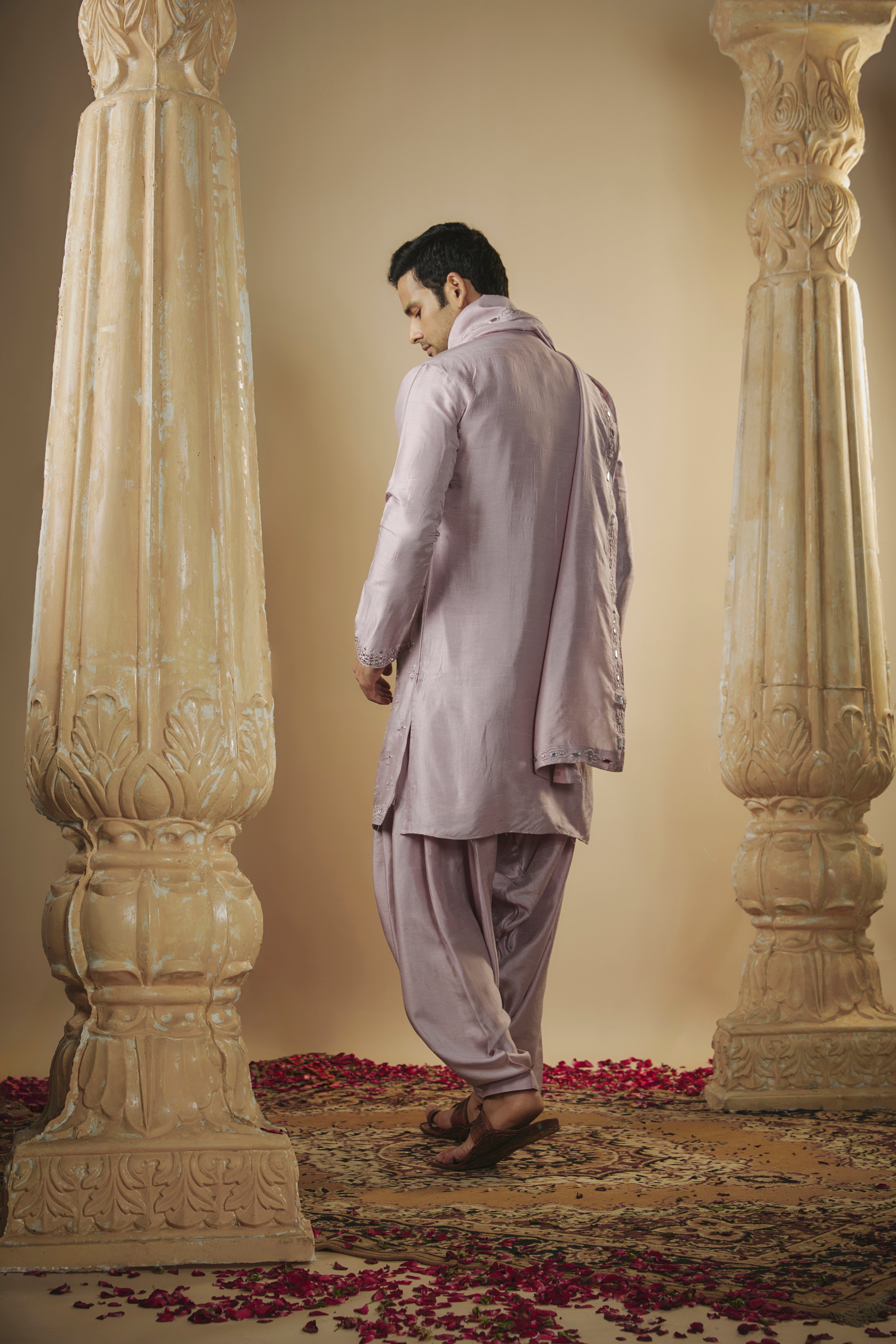 Pale mauve art silk mirror embroidered patiala suit set