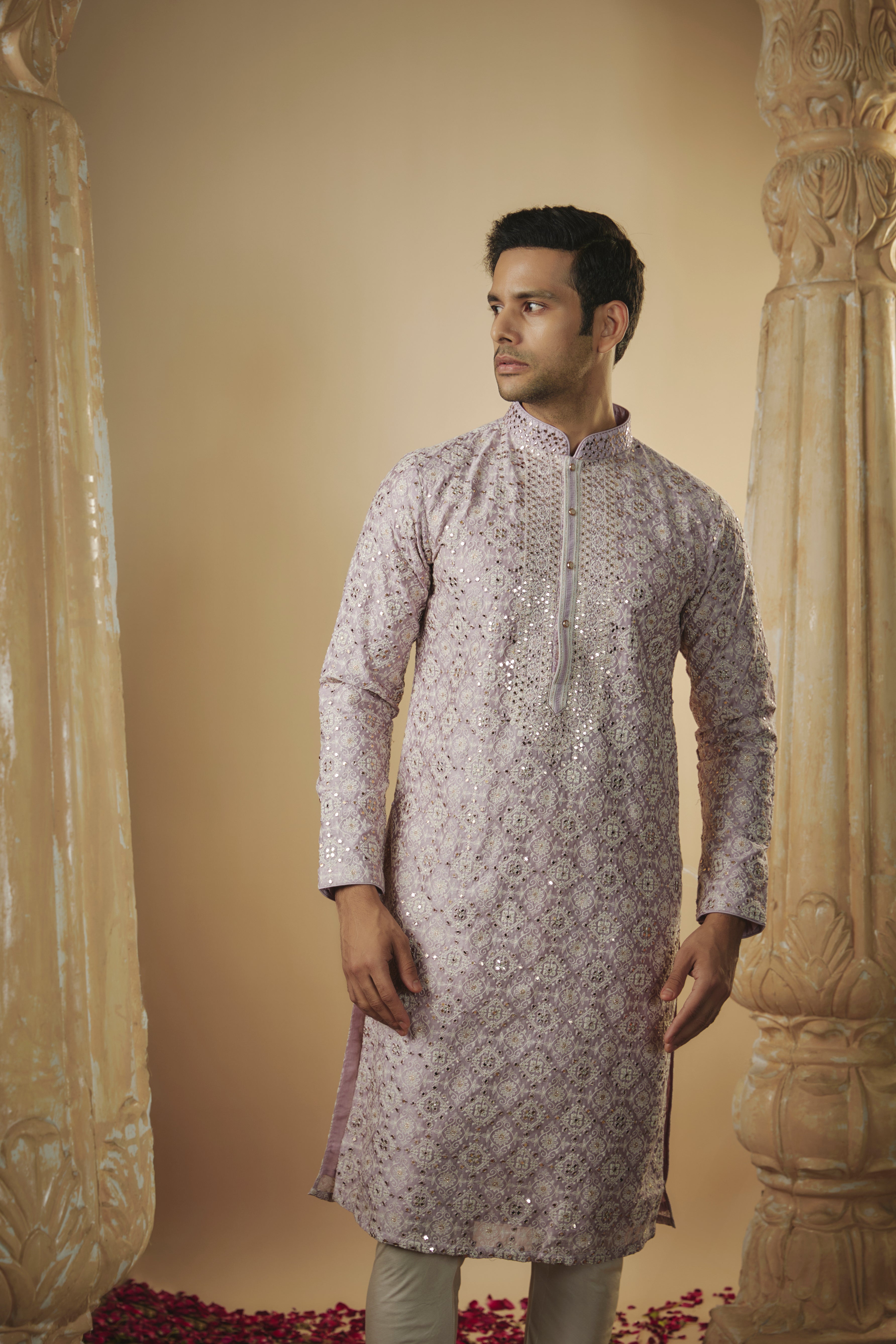 Light lilac lucknowi mirror embellished kurta set