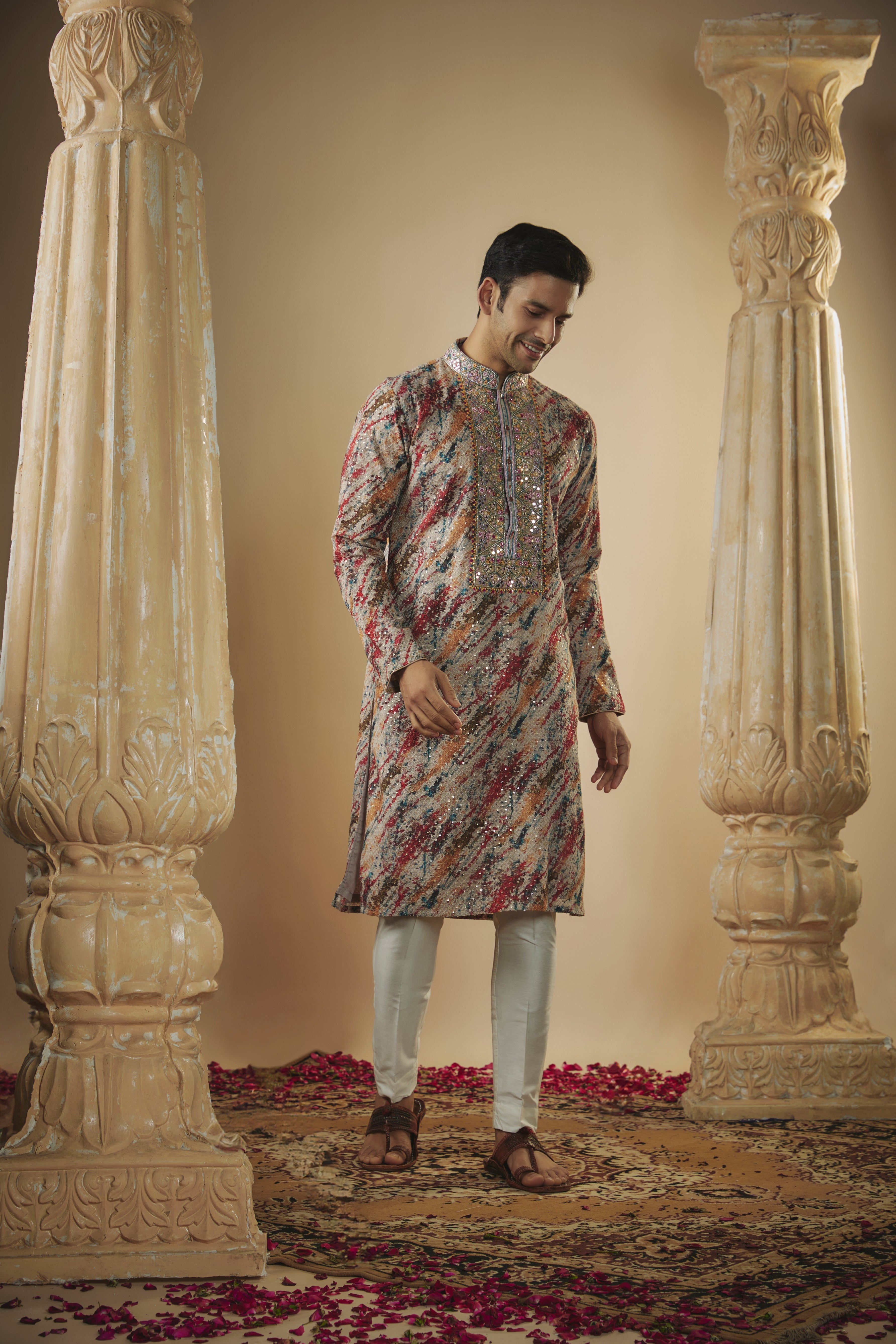 Multicoloured lucknowi digital print sequinned kurta set