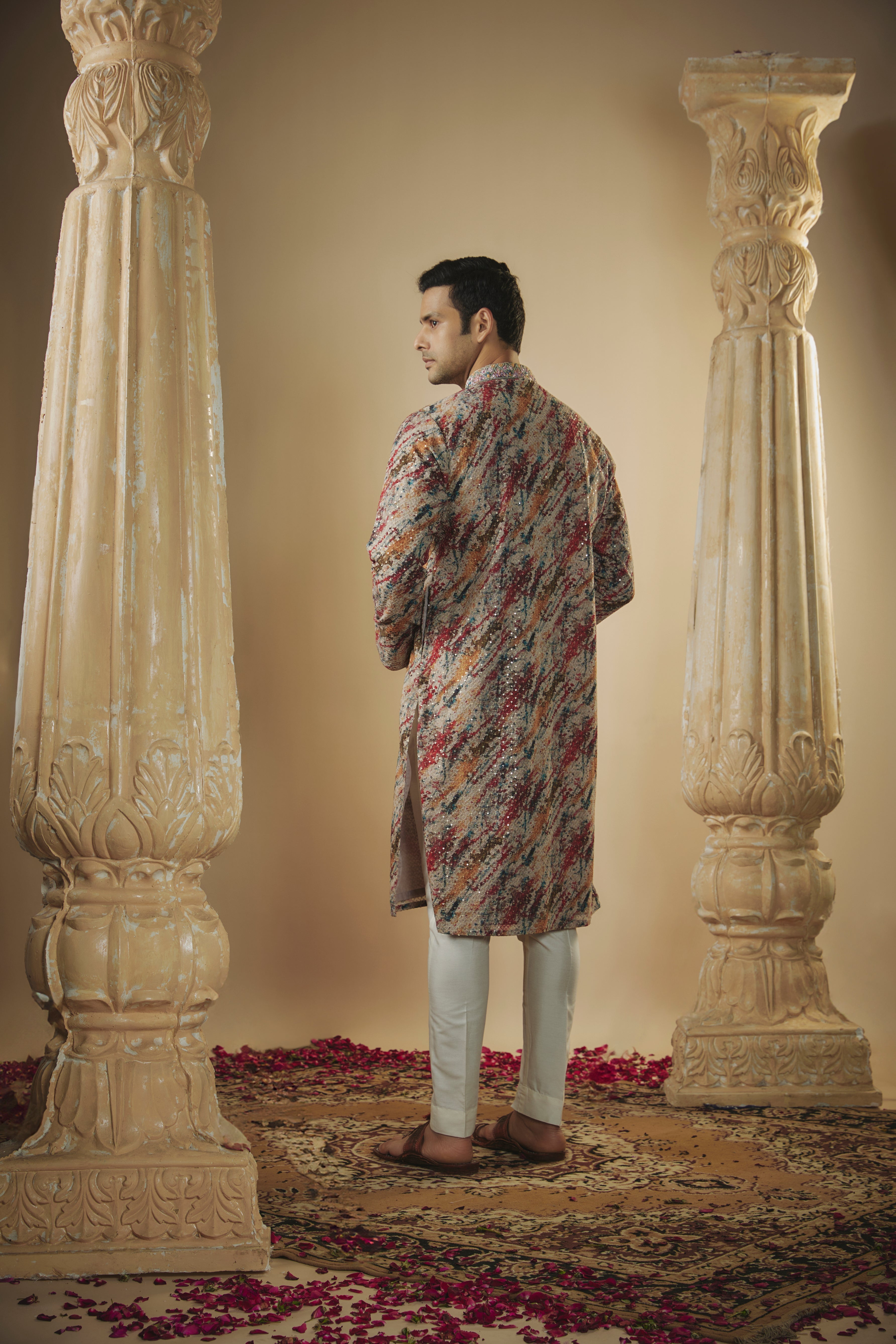 Multicoloured lucknowi digital print sequinned kurta set
