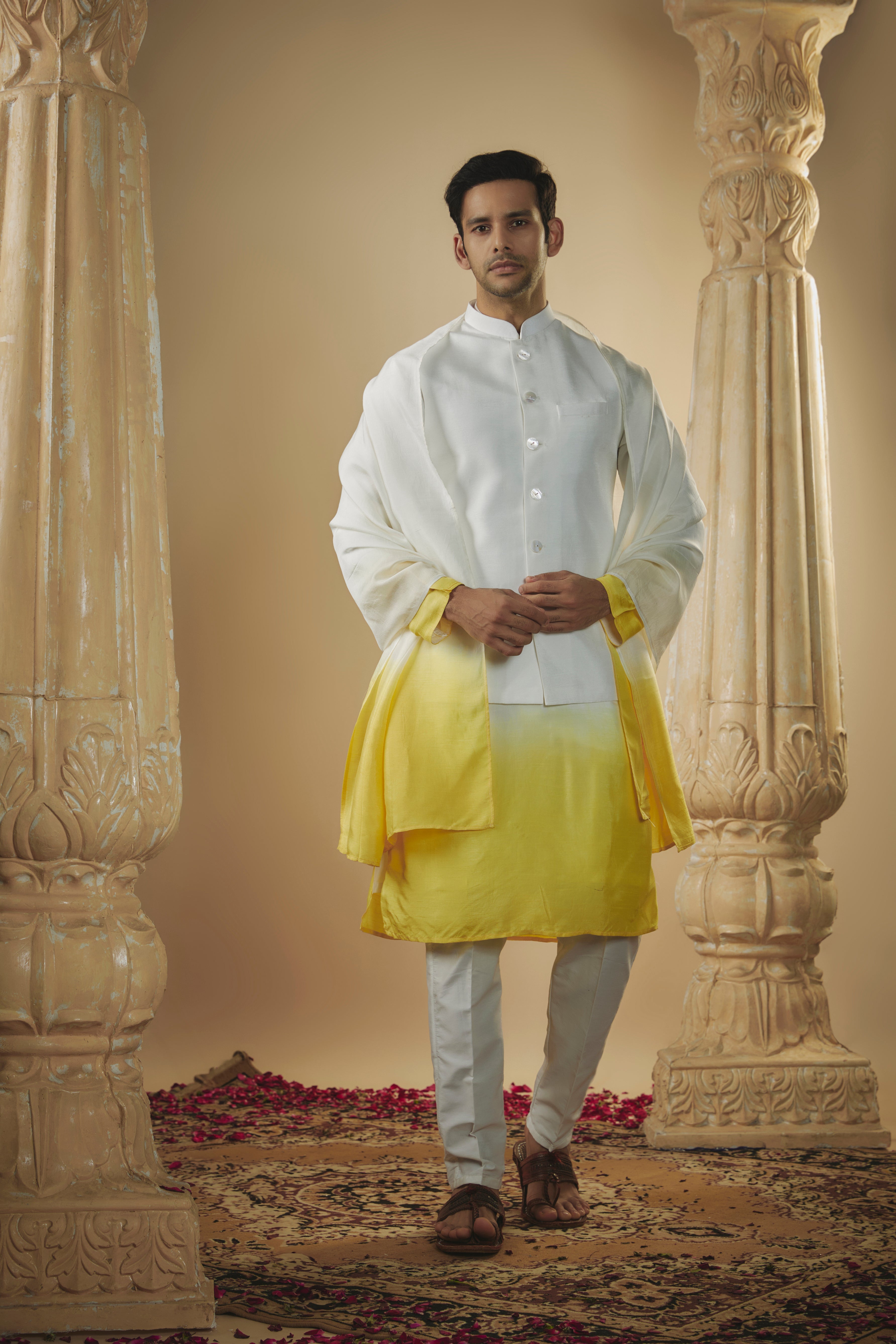 White lemon ombre art silk kurta jacket set