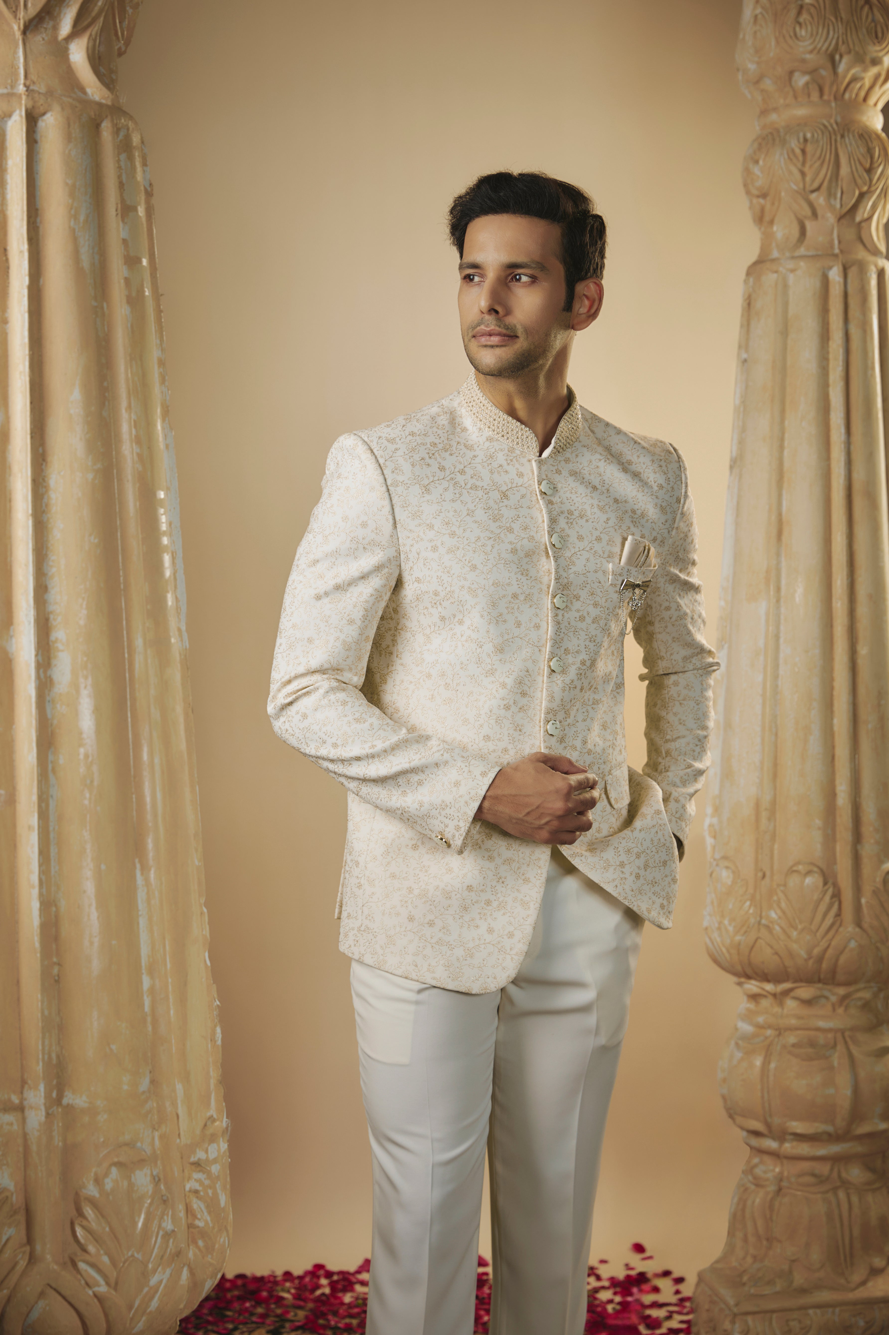 Imported beige white resham work jodhpuri set