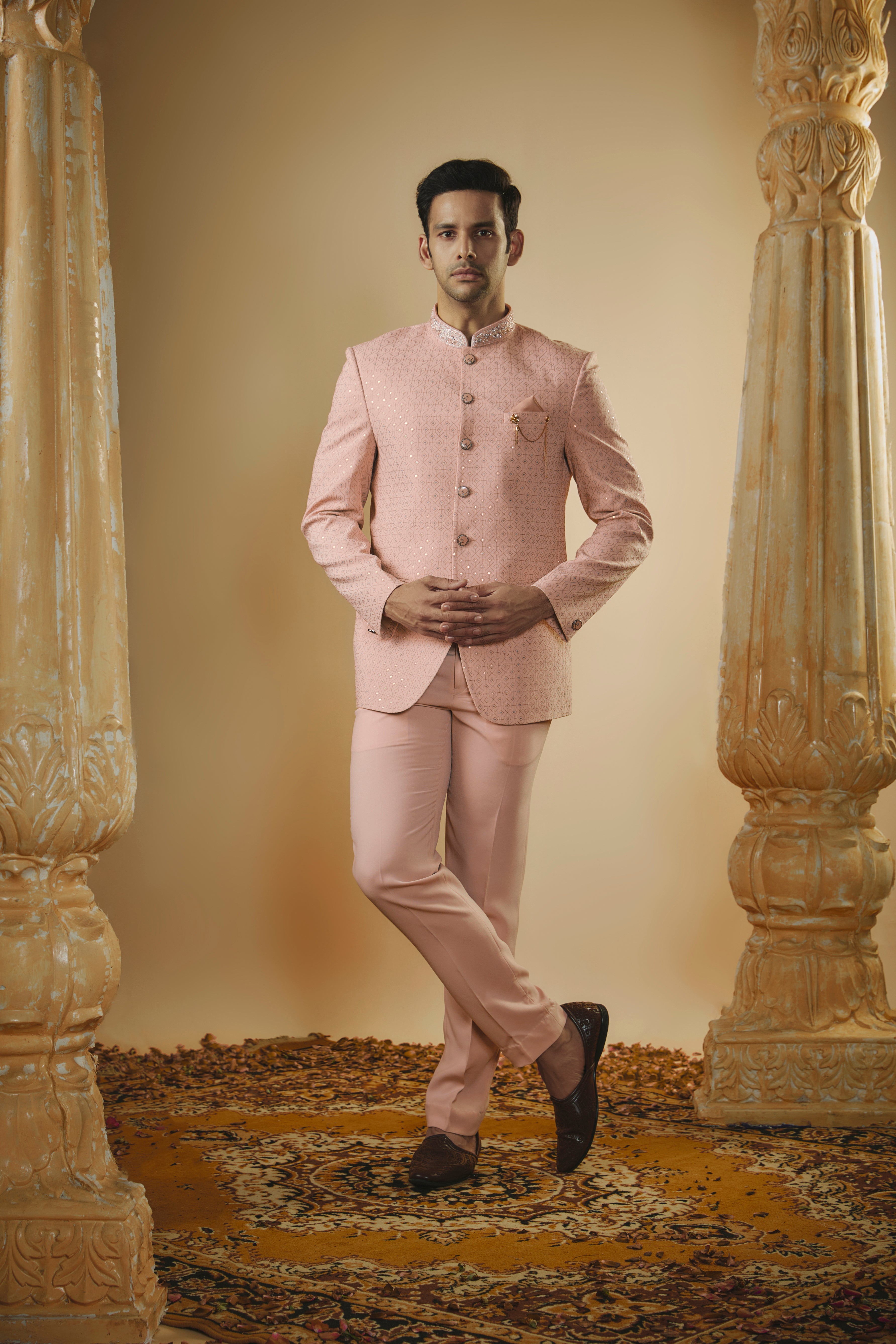 Imported nude pink sequinned jodhpuri set