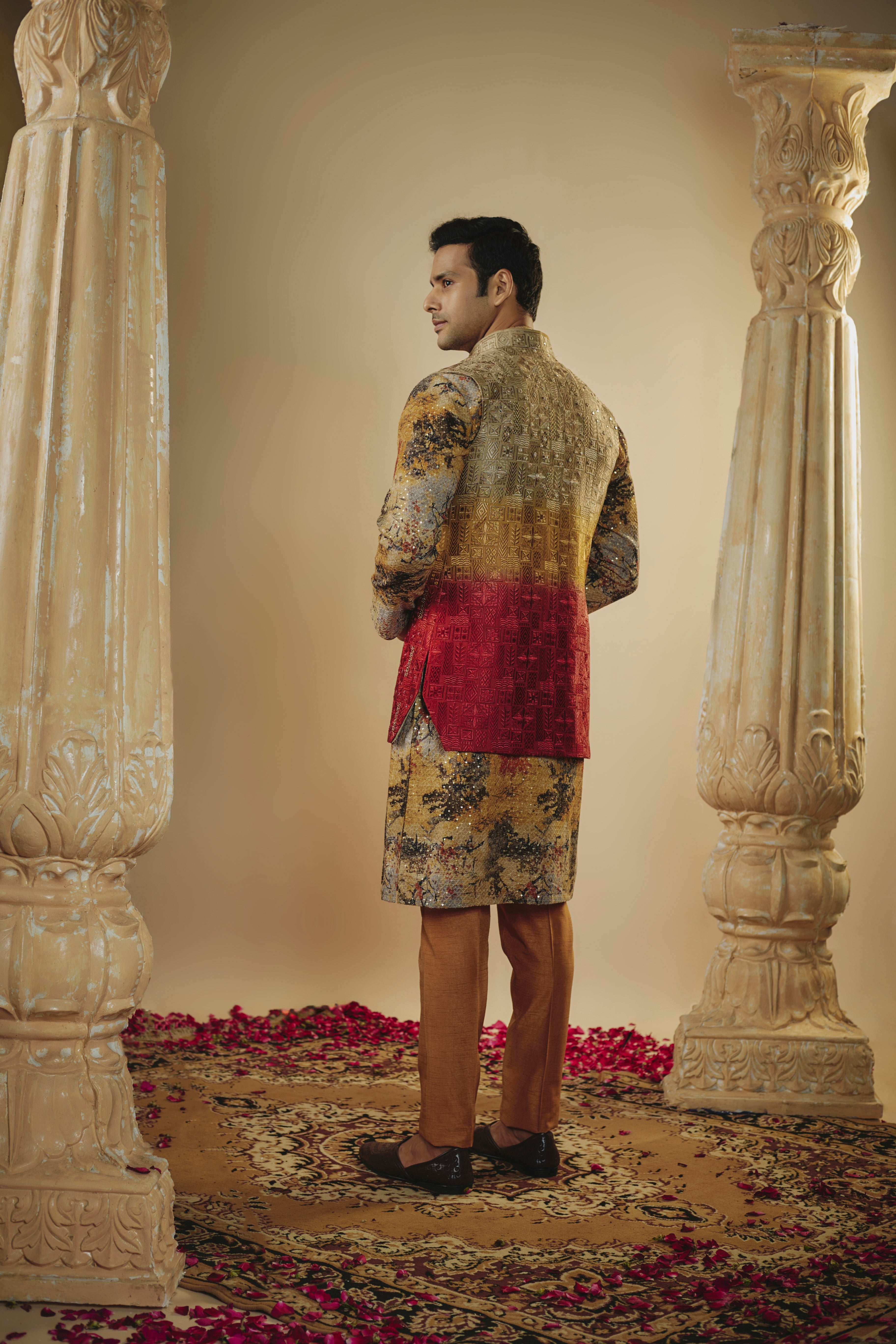Multicoloured lucknowi digital print sequinned open kurta jacket set
