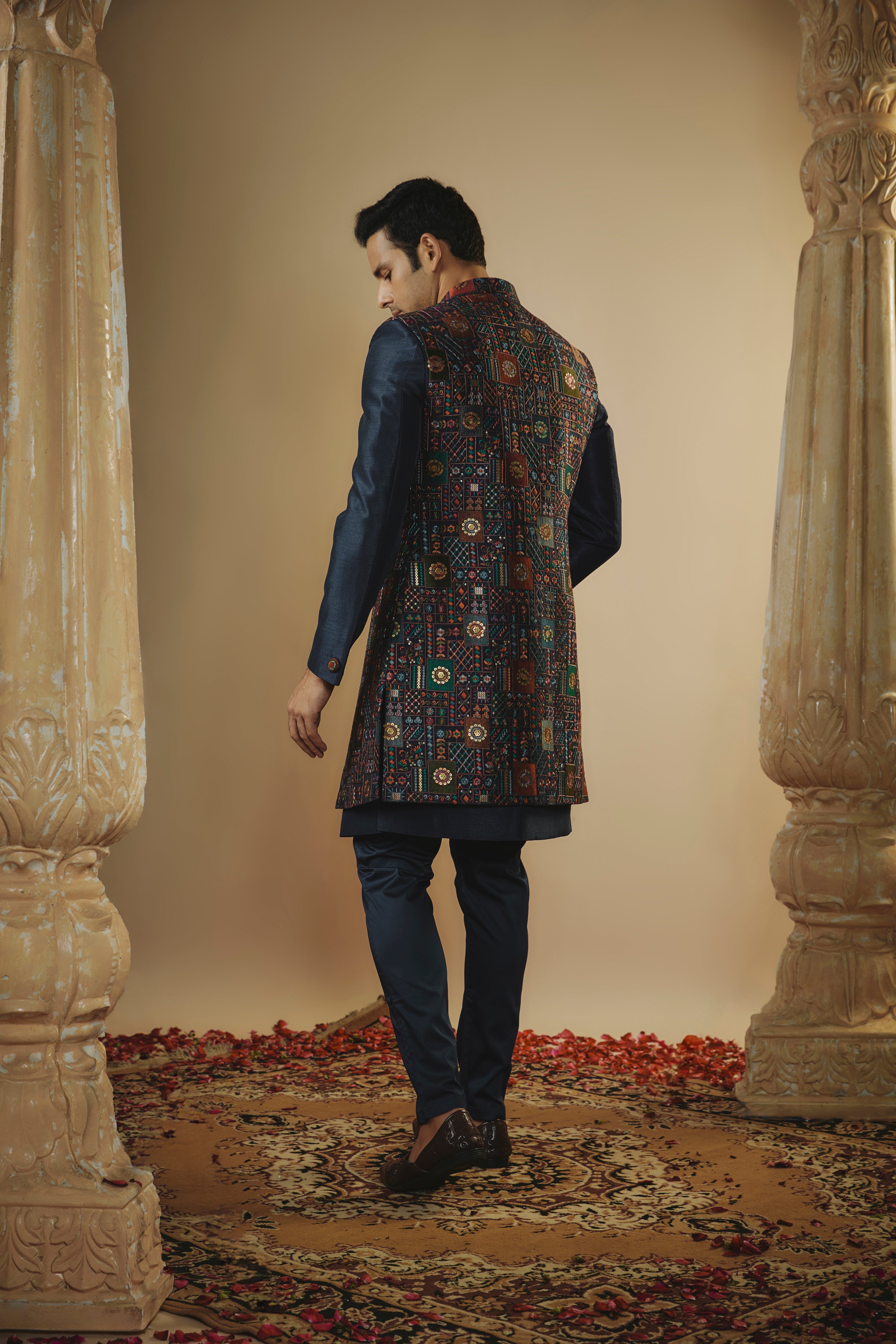 Indigo blue plain imported resham embroidered open-indowestern set